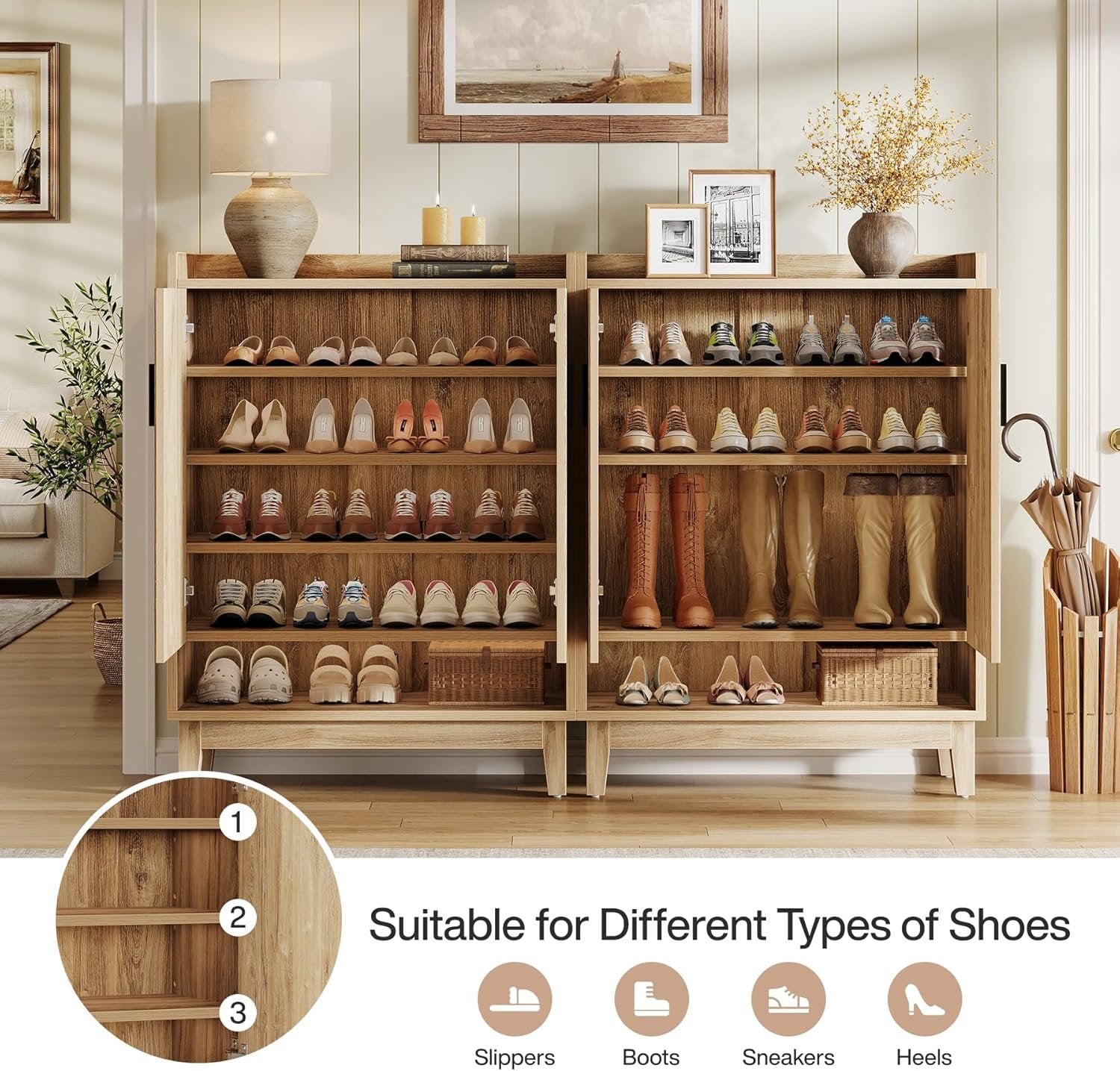 Tribesigns Zapatero con puertas, Zapatero rústico para 20 pares en madera natural