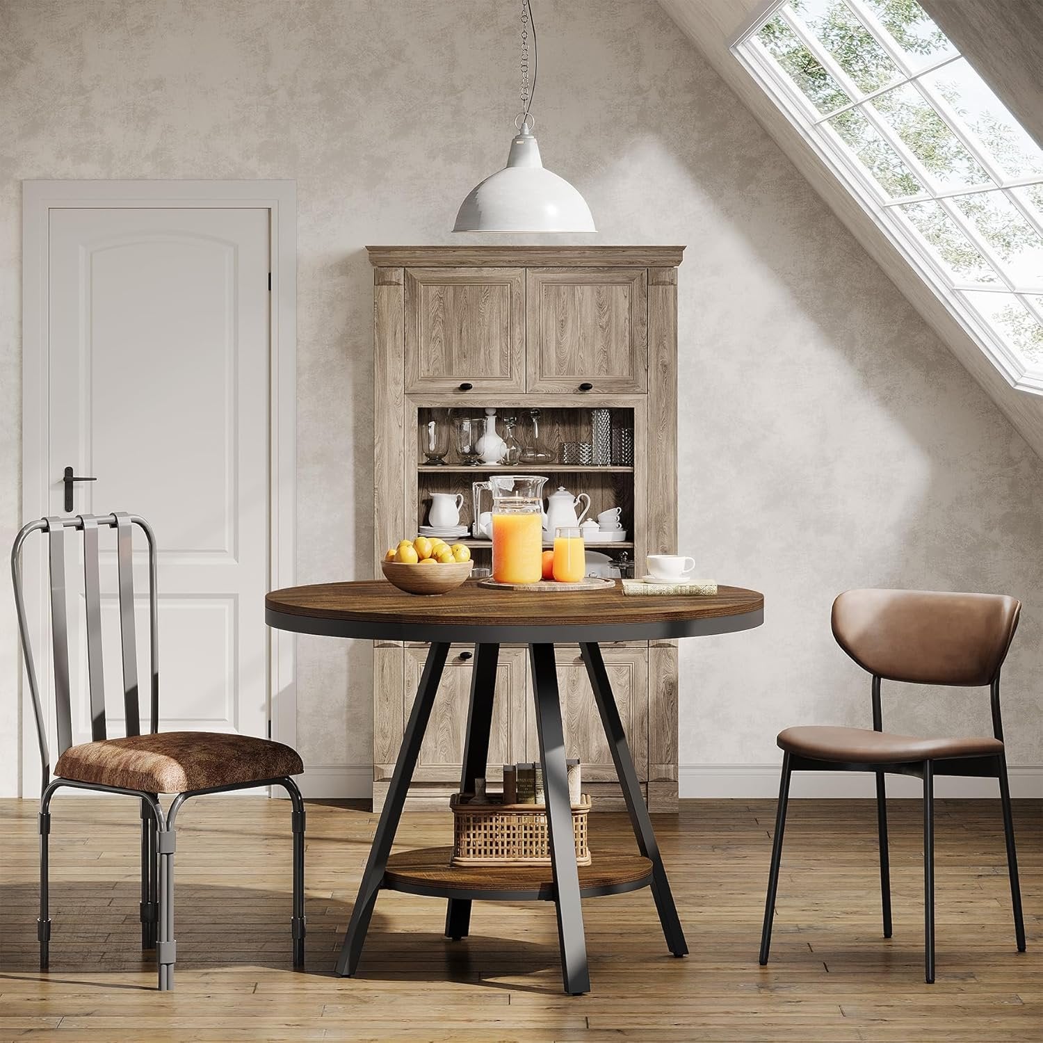 Tribesigns Mesa de comedor redonda pequeña para 2-4 personas, Mesa de cocina industrial de dos niveles