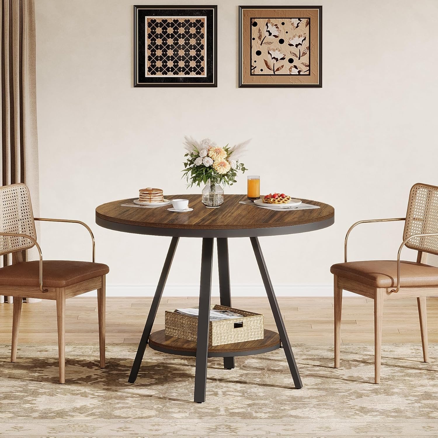 Tribesigns Mesa de comedor redonda pequeña para 2-4 personas, Mesa de cocina industrial de dos niveles