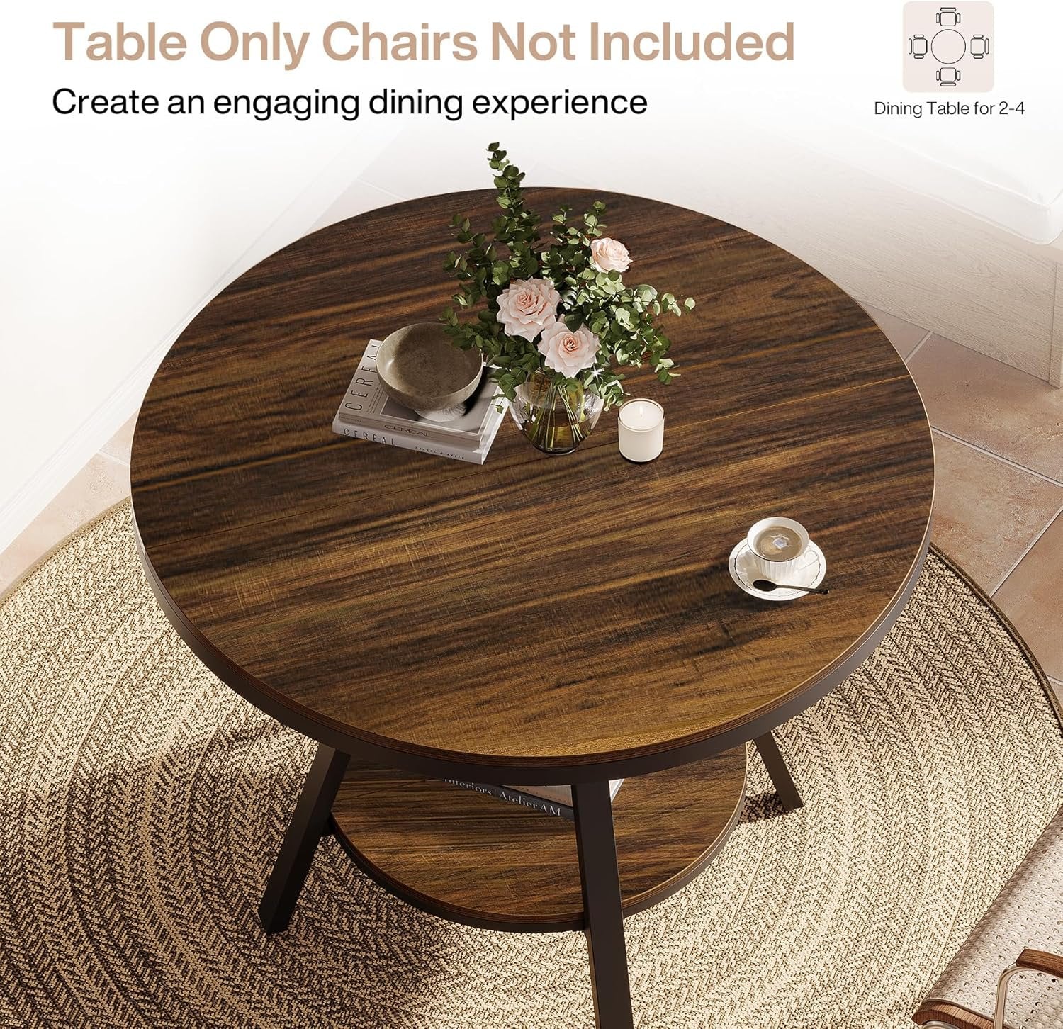 Tribesigns Mesa de comedor redonda pequeña para 2-4 personas, Mesa de cocina industrial de dos niveles