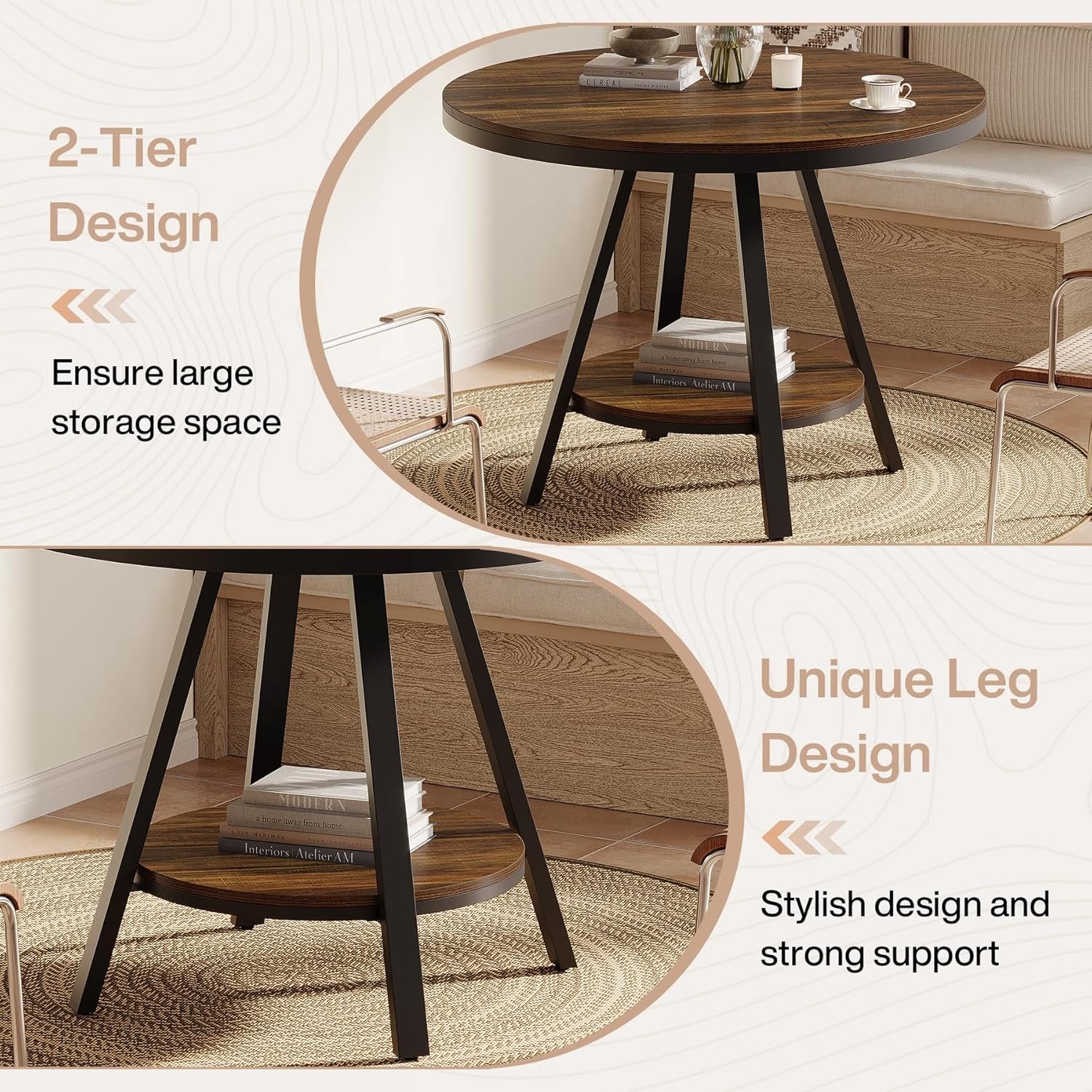 Tribesigns Mesa de comedor redonda pequeña para 2-4 personas, Mesa de cocina industrial de dos niveles