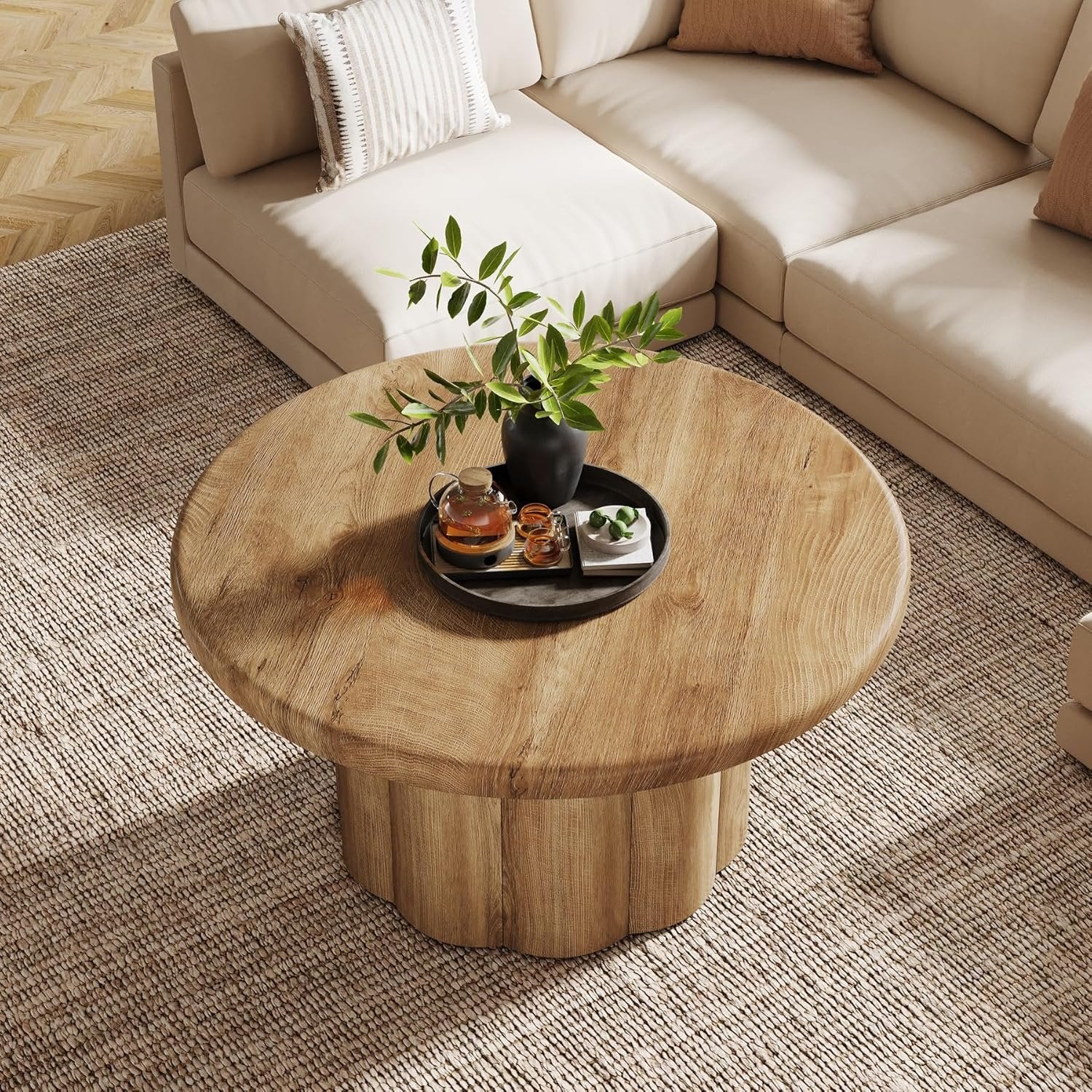 Tribesigns Mesa de centro redonda de 80 cm, Mesa de salón de diseño rústico con base acanalada en marrón