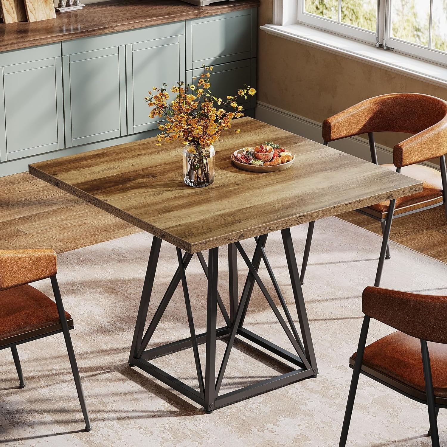 Tribesigns Mesa de comedor de 90 cm para 4 personas, Mesa cuadrada de estilo rústico con estructura de metal en marrón-negro