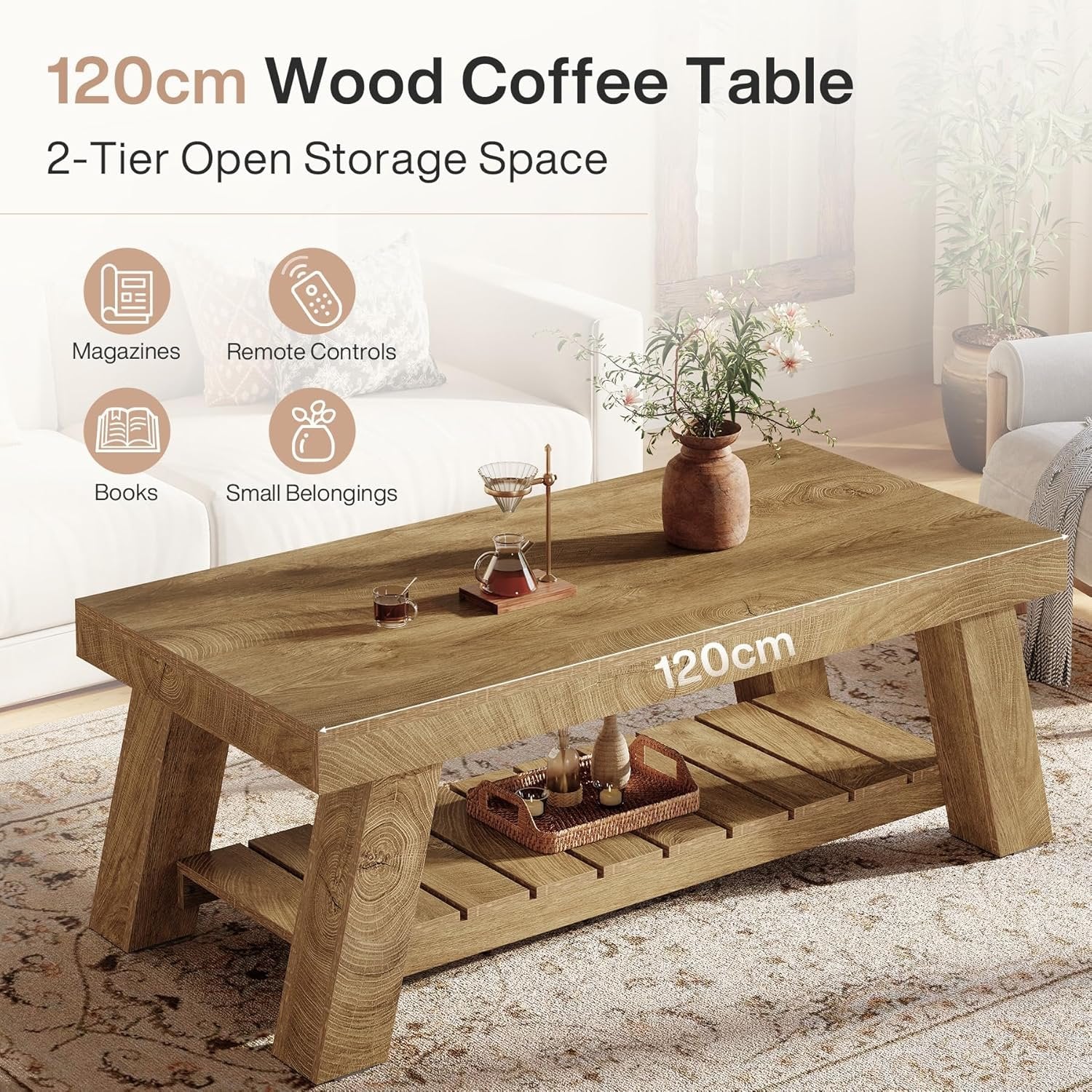 Tribesigns Mesa de centro de estilo rústico de 120 cm, Mesa rectangular rústica con patas en forma de V