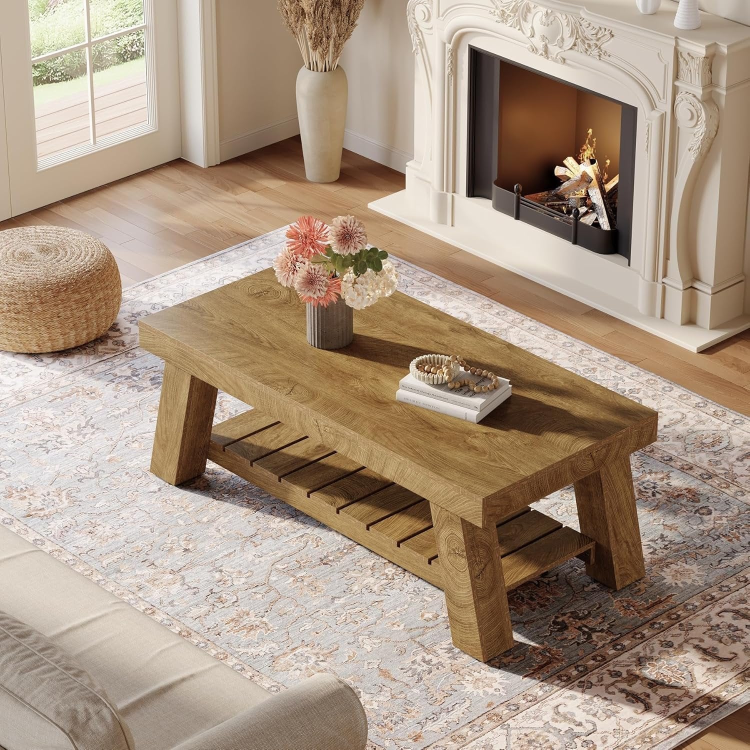 Tribesigns Mesa de centro de estilo rústico de 120 cm, Mesa rectangular rústica con patas en forma de V