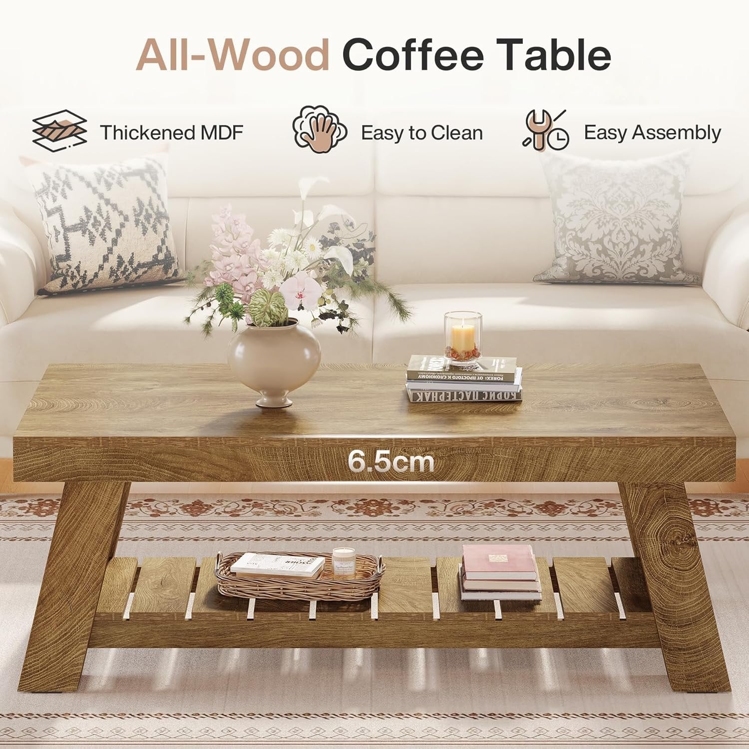Tribesigns Mesa de centro de estilo rústico de 120 cm, Mesa rectangular rústica con patas en forma de V