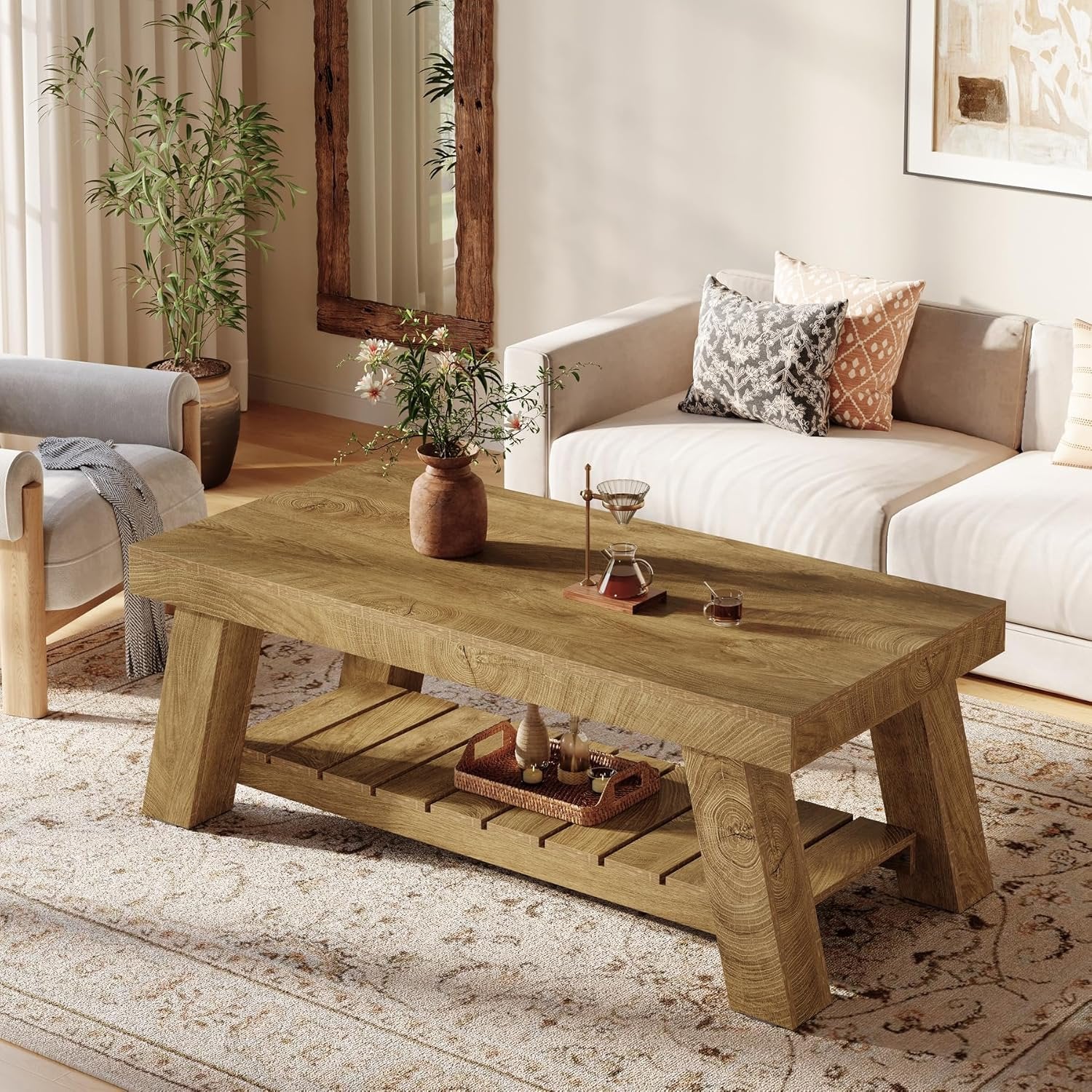 Tribesigns Mesa de centro de estilo rústico de 120 cm, Mesa rectangular rústica con patas en forma de V