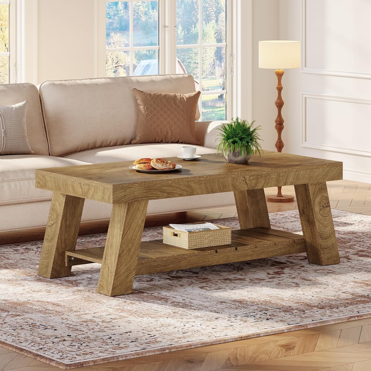 Tribesigns Mesa de centro de estilo rústico de 120 cm, Mesa rectangular rústica con patas en forma de V