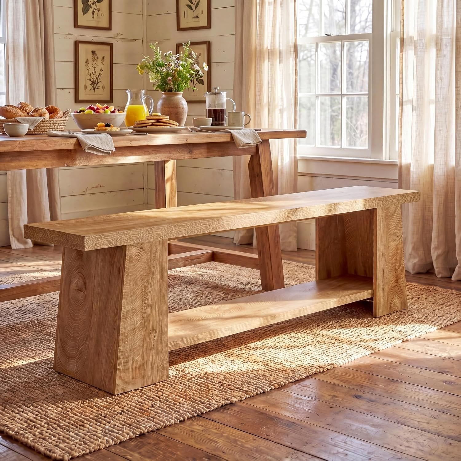Tribesigns Banco zapatero de 150 cm, Banco de 2 niveles con almacenamiento, banco de madera extralargo para recibidor, estilo rústico