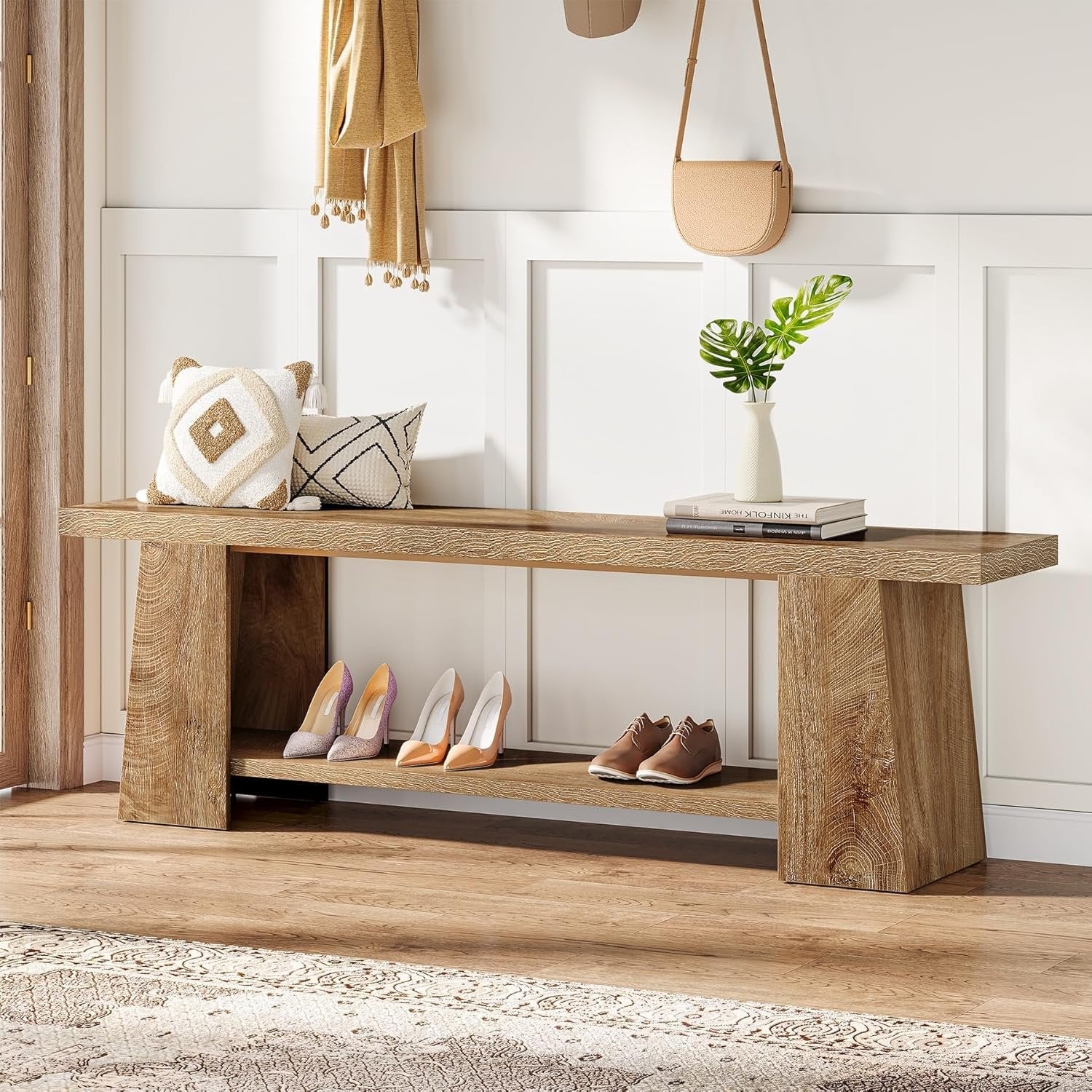 Tribesigns Banco zapatero de 150 cm, Banco de 2 niveles con almacenamiento, banco de madera extralargo para recibidor, estilo rústico