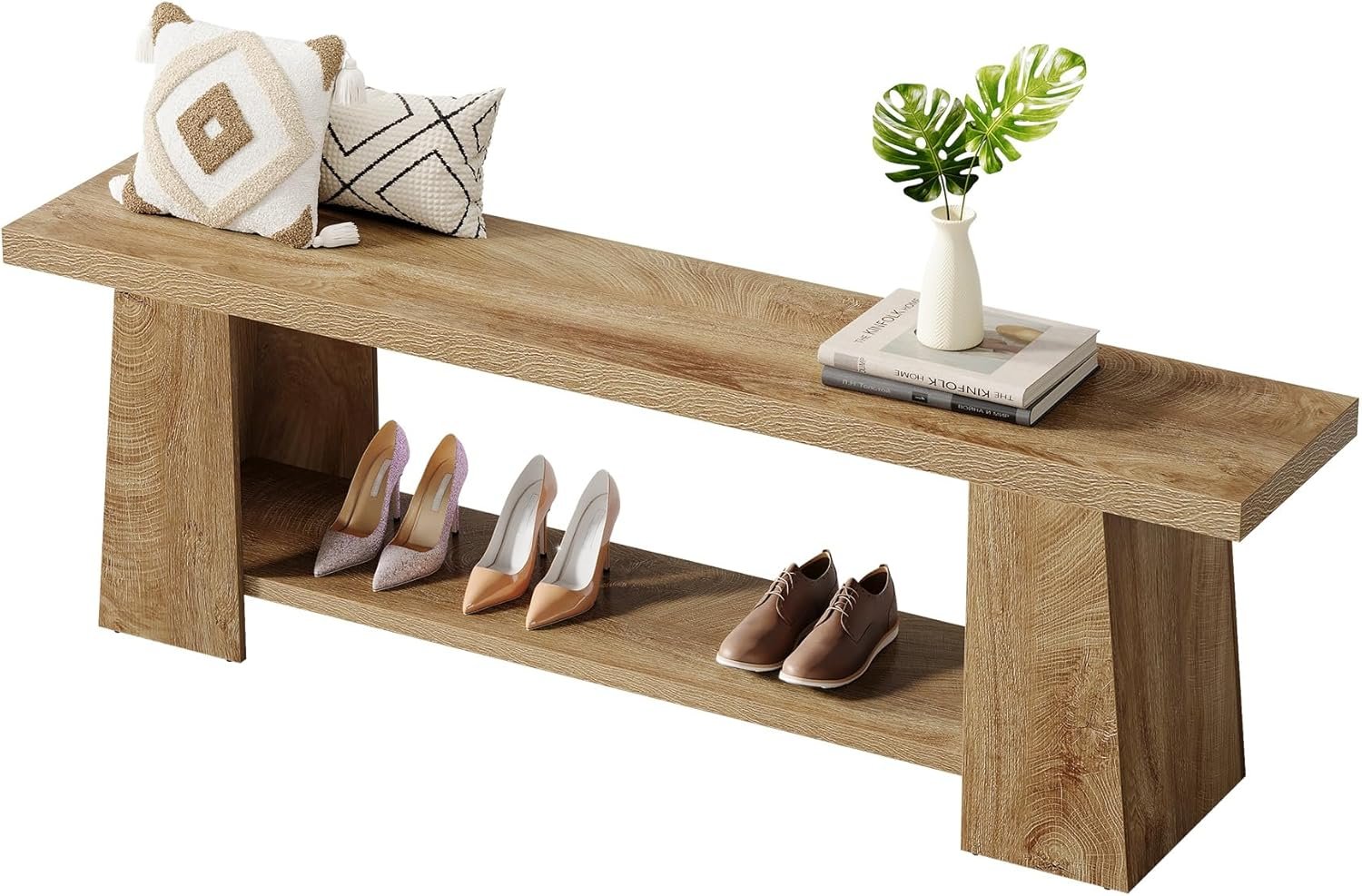 Tribesigns Banco zapatero de 150 cm, Banco de 2 niveles con almacenamiento, banco de madera extralargo para recibidor, estilo rústico