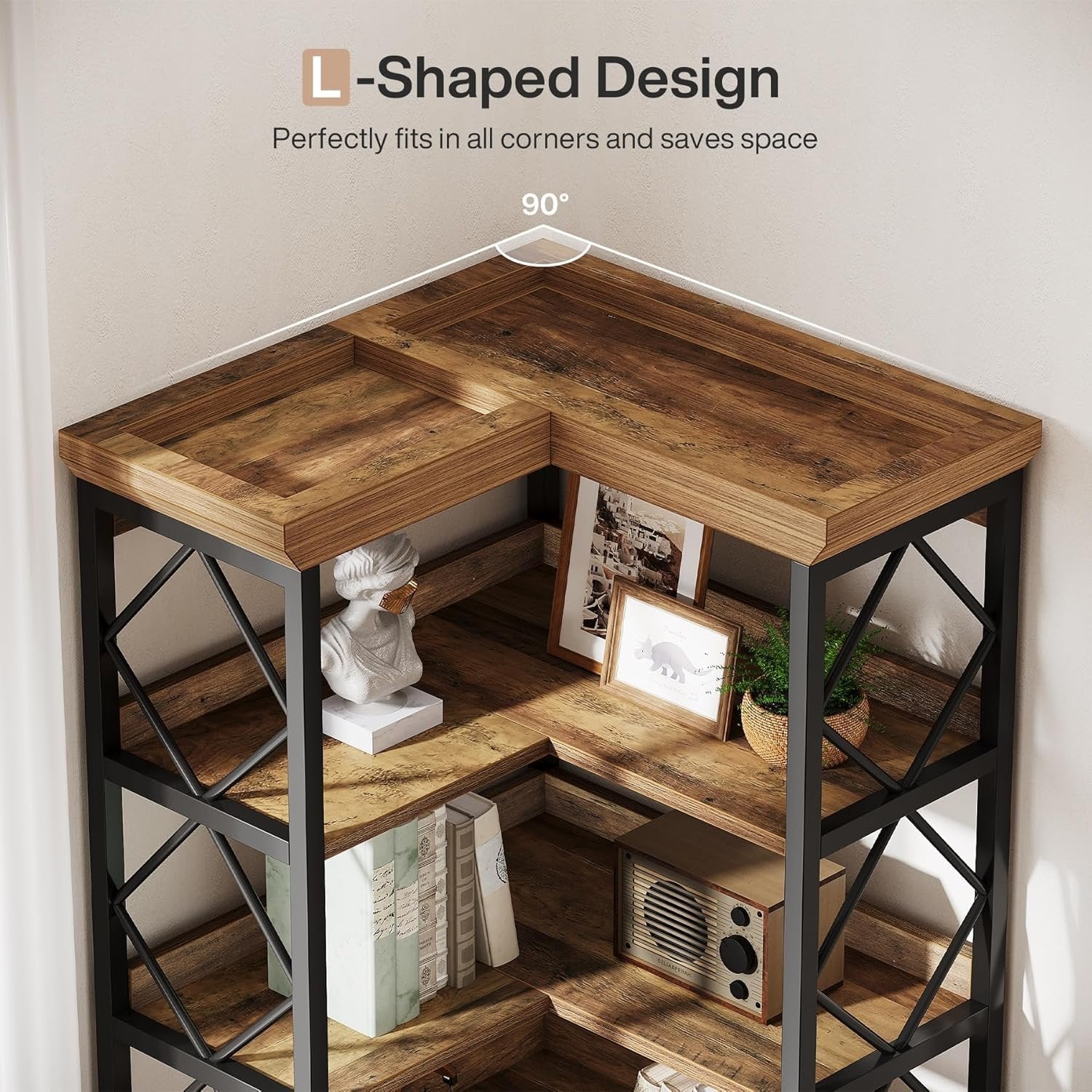 Tribesigns brería esquinera, Moderna y grande con panel trasero y estante esquinero alto