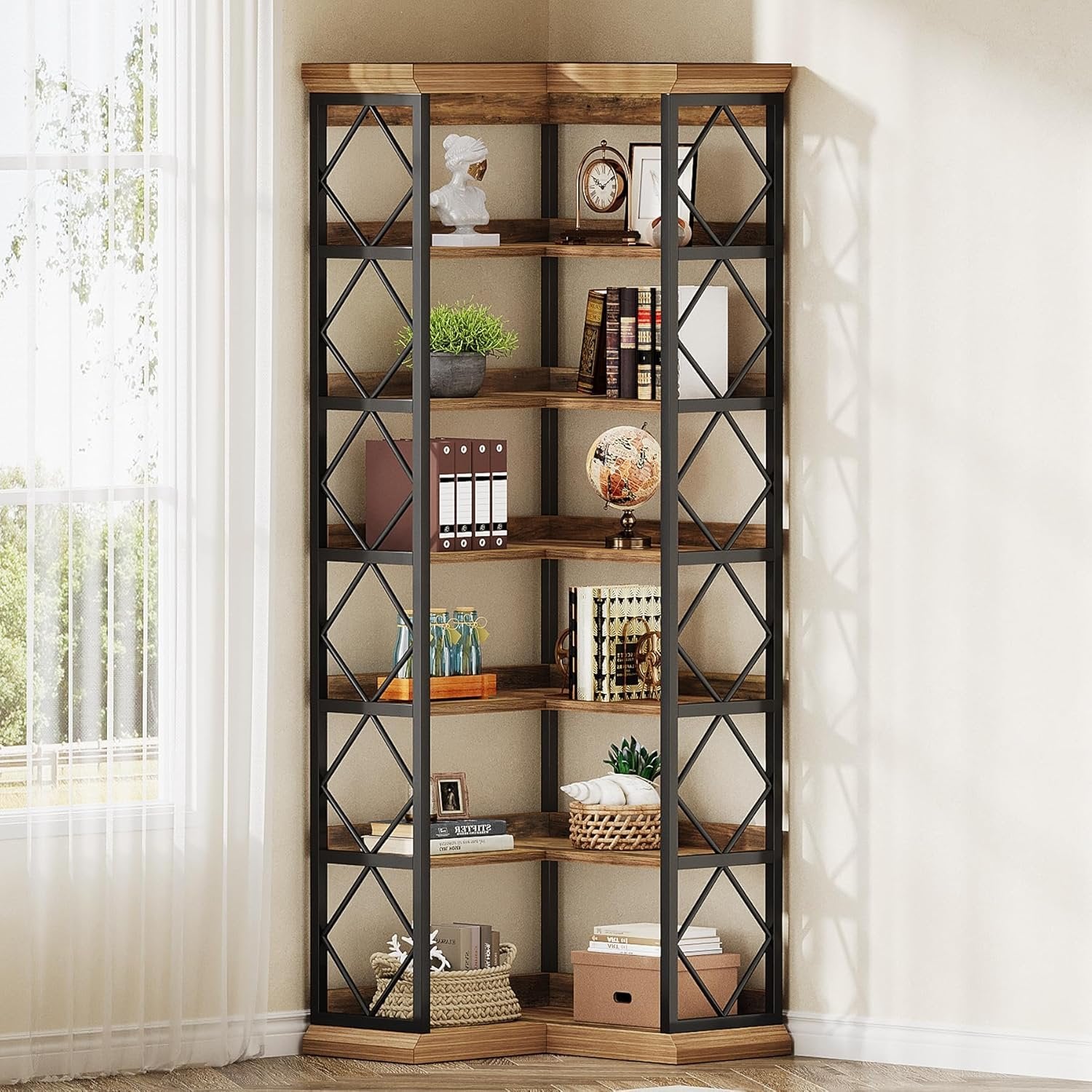 Tribesigns brería esquinera, Moderna y grande con panel trasero y estante esquinero alto