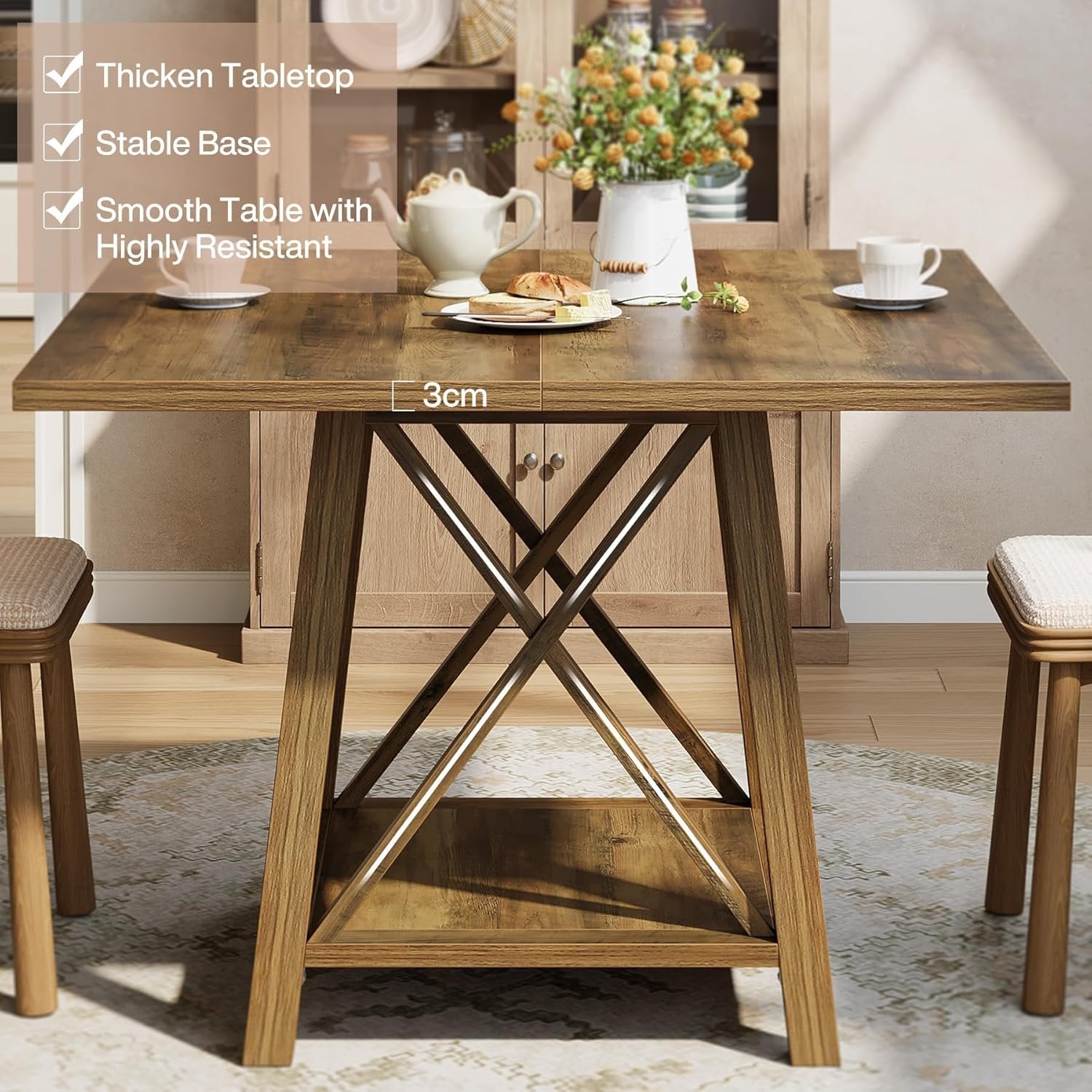 Tribesigns Mesa de comedor cuadrada para 4 personas, Estilo rústico con compartimento de almacenamiento