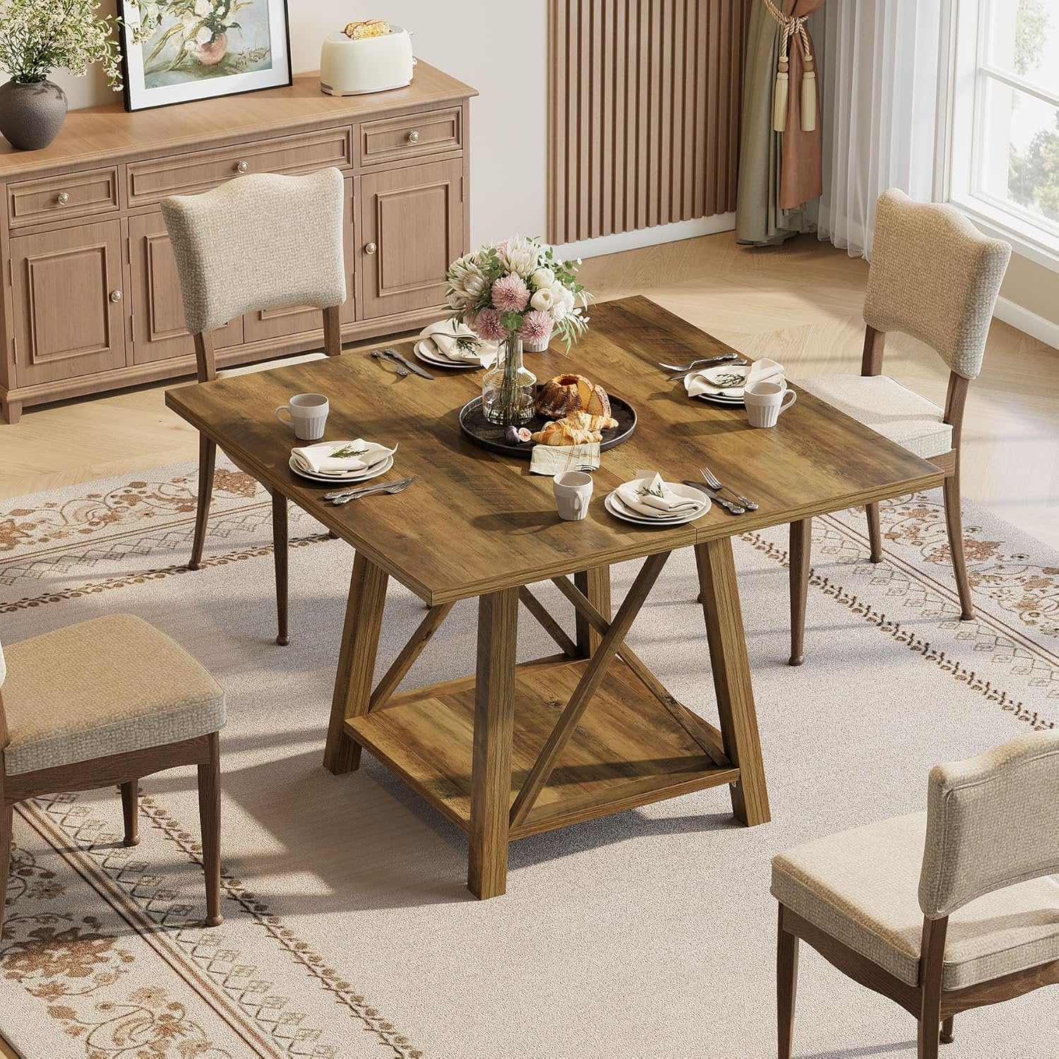 Tribesigns Mesa de comedor cuadrada para 4 personas, Estilo rústico con compartimento de almacenamiento