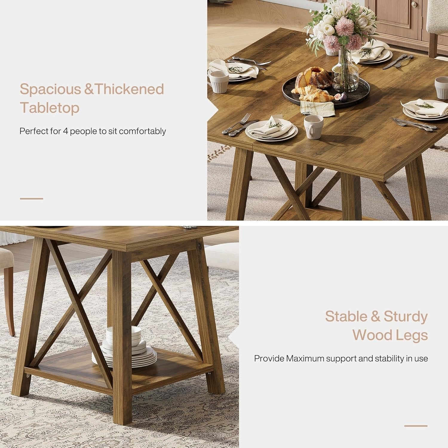 Tribesigns Mesa de comedor cuadrada para 4 personas, Estilo rústico con compartimento de almacenamiento