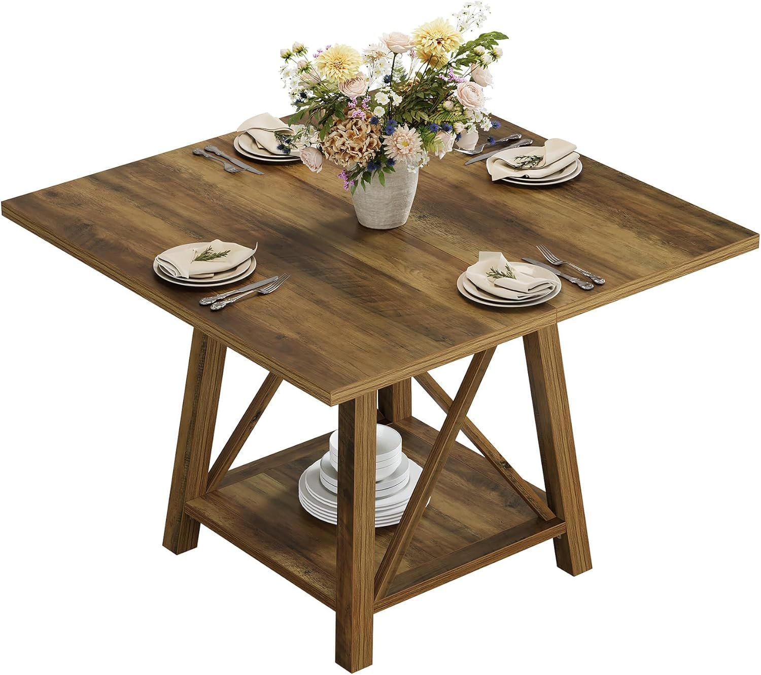 Tribesigns Mesa de comedor cuadrada para 4 personas, Estilo rústico con compartimento de almacenamiento