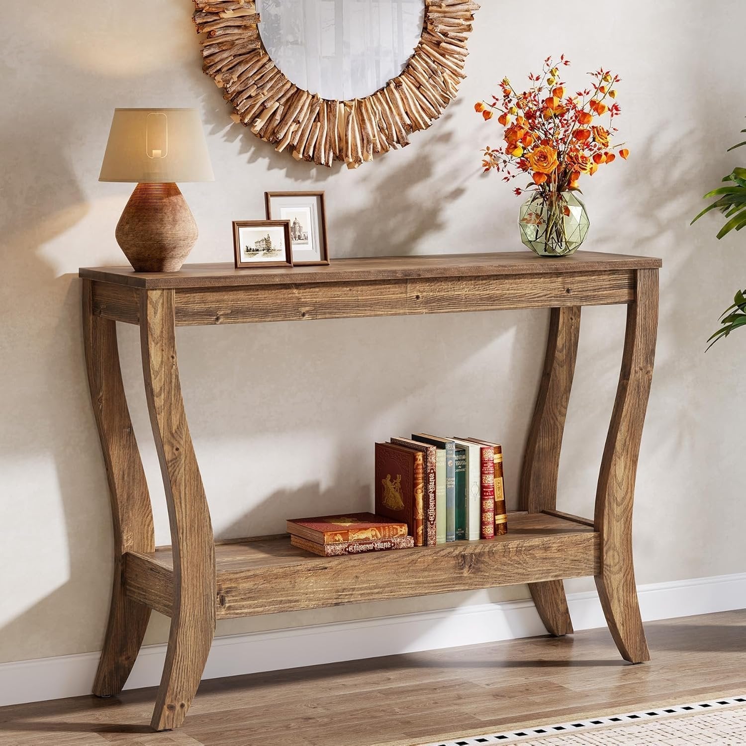 Tribesigns Consola de madera de 105 cm, Mesa de recibidor de estilo rústico de dos niveles con almacenamiento