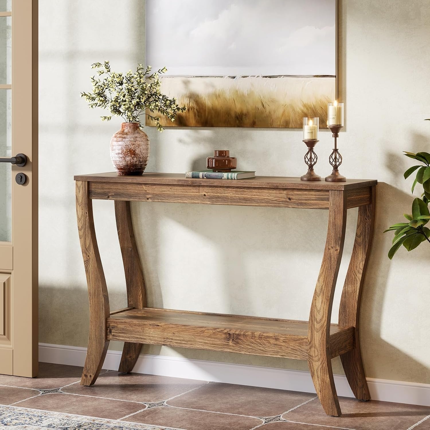 Tribesigns Consola de madera de 105 cm, Mesa de recibidor de estilo rústico de dos niveles con almacenamiento