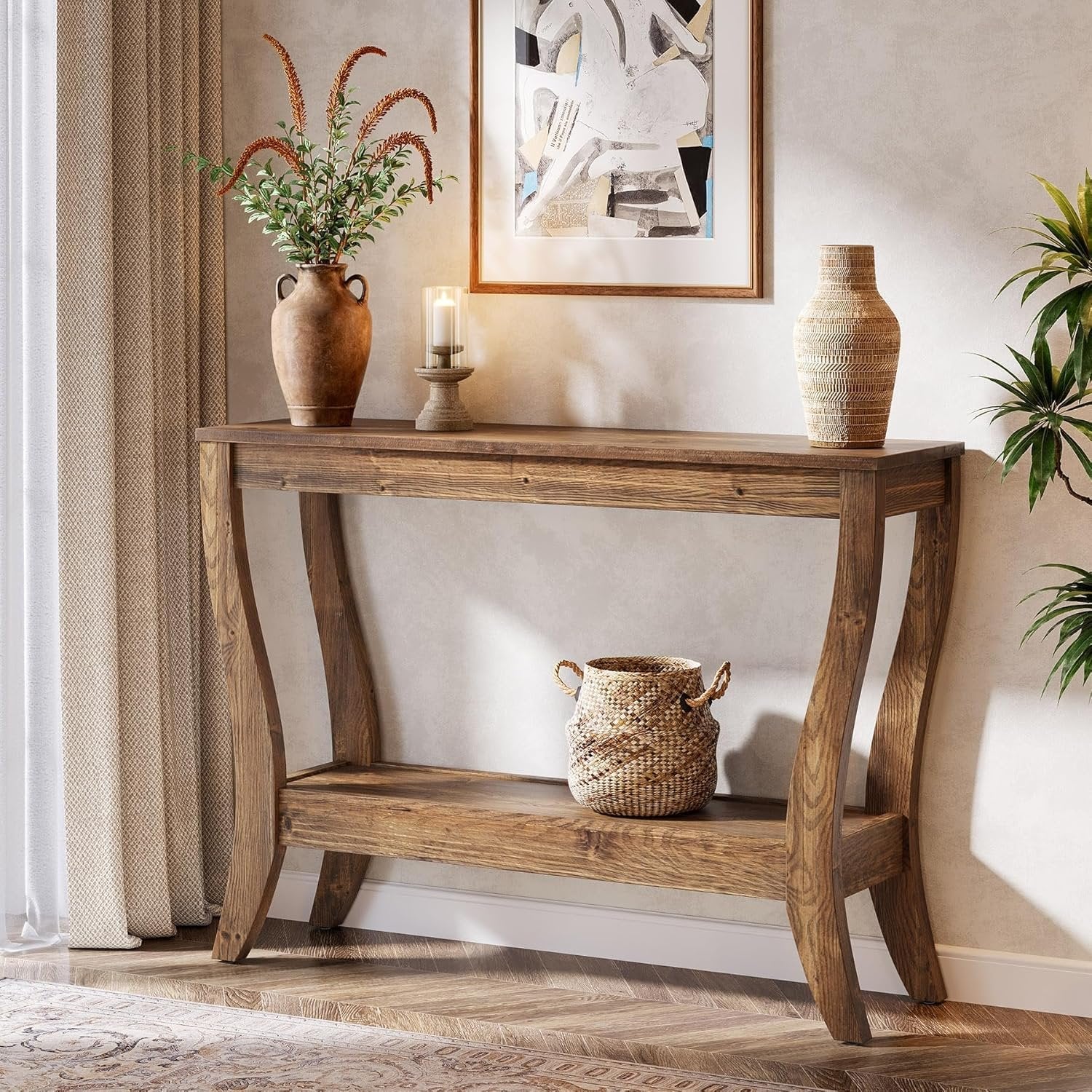 Tribesigns Consola de madera de 105 cm, Mesa de recibidor de estilo rústico de dos niveles con almacenamiento