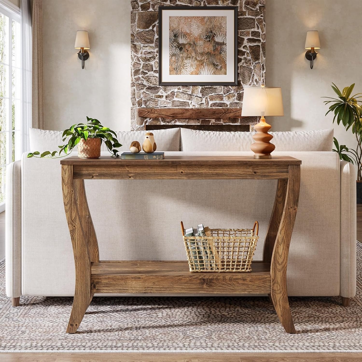 Tribesigns Consola de madera de 105 cm, Mesa de recibidor de estilo rústico de dos niveles con almacenamiento