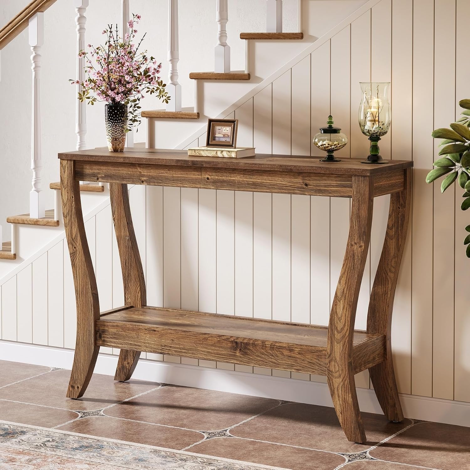 Tribesigns Consola de madera de 105 cm, Mesa de recibidor de estilo rústico de dos niveles con almacenamiento