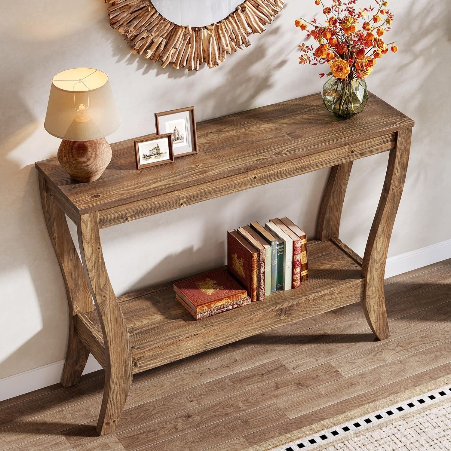 Tribesigns Consola de madera de 105 cm, Mesa de recibidor de estilo rústico de dos niveles con almacenamiento