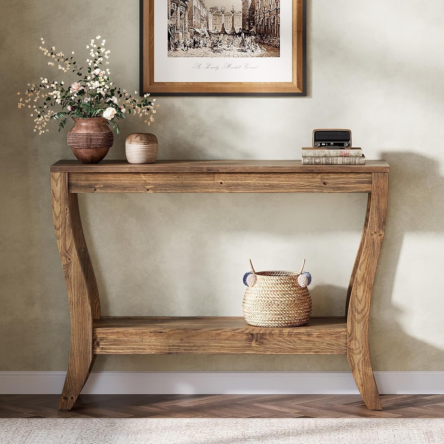 Tribesigns Consola de madera de 105 cm, Mesa de recibidor de estilo rústico de dos niveles con almacenamiento