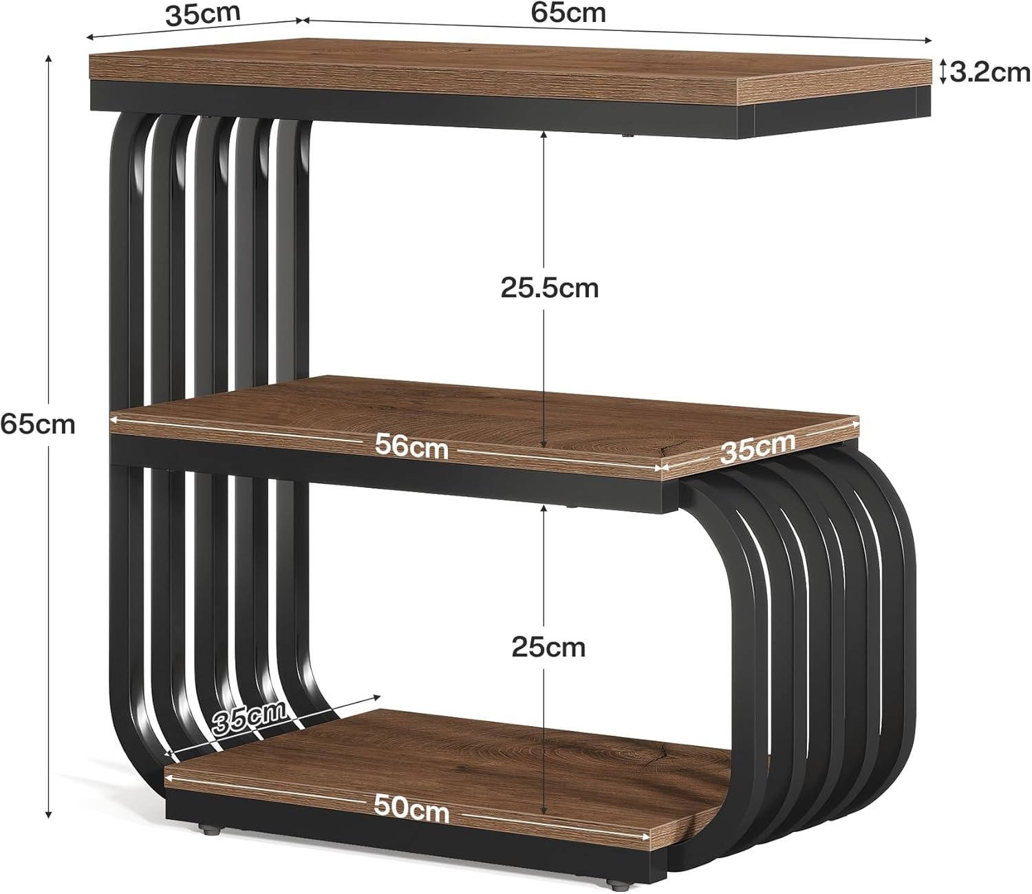 Tribesigns Mesa auxiliar industrial de 3 niveles, Mesita de noche estrecha con estructura de metal