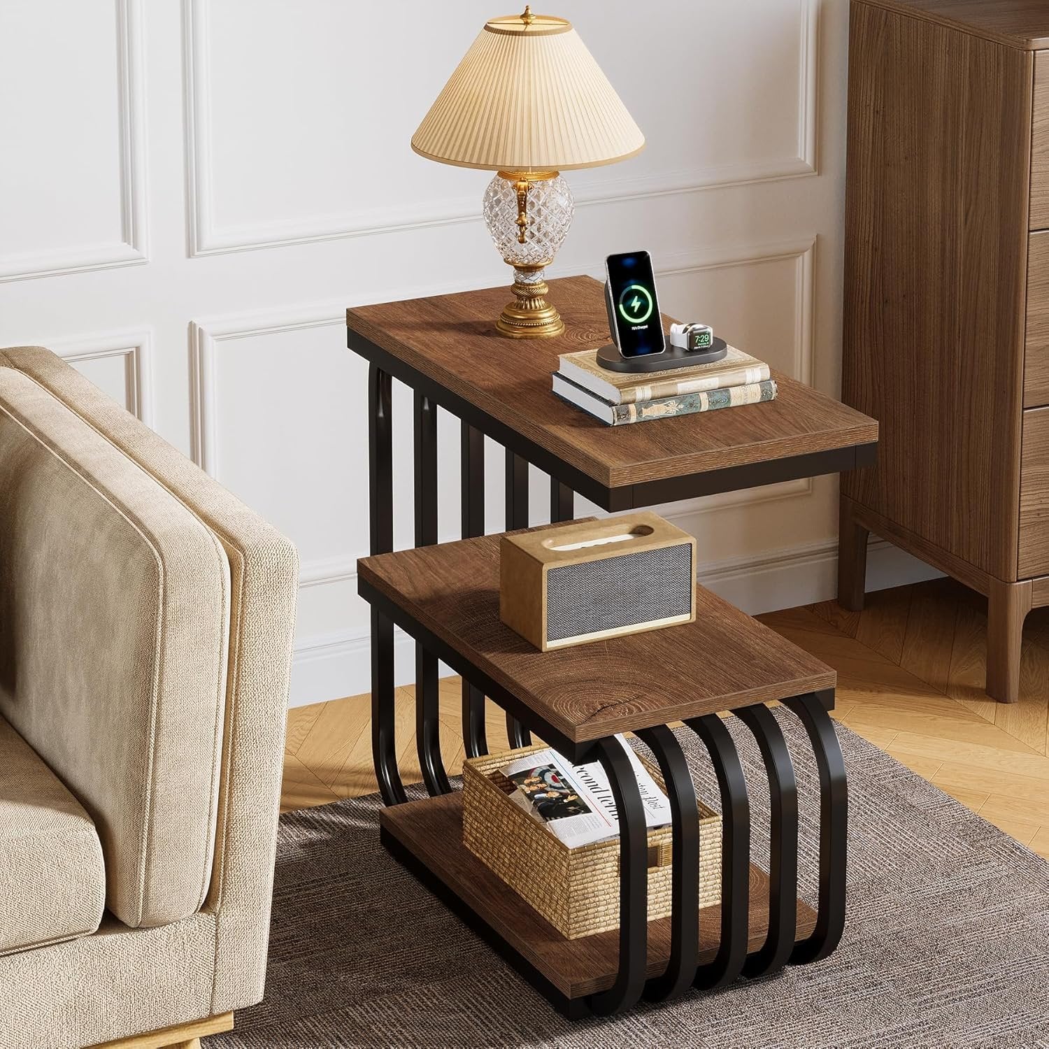 Tribesigns Mesa auxiliar industrial de 3 niveles, Mesita de noche estrecha con estructura de metal