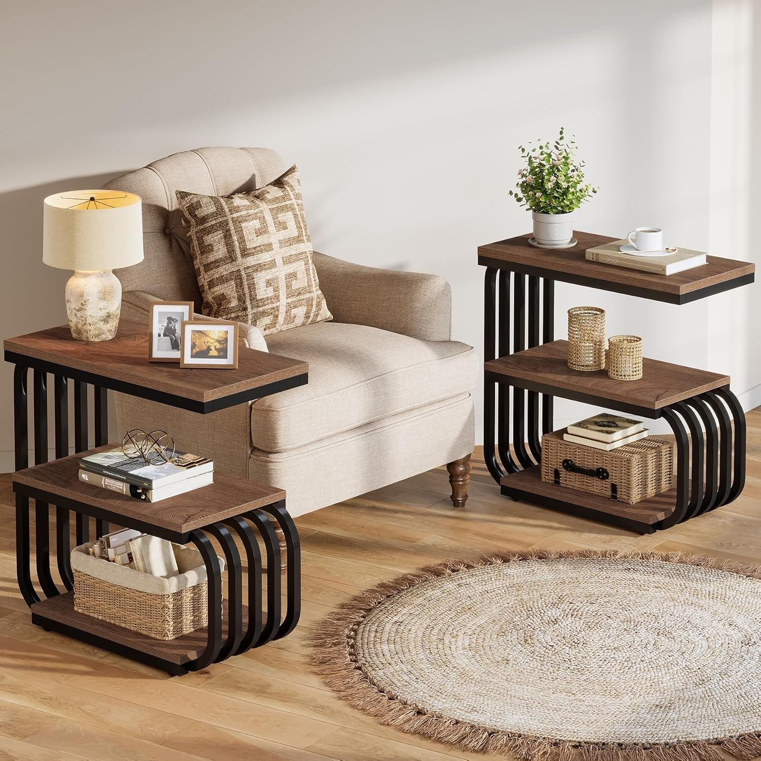 Tribesigns Mesa auxiliar industrial de 3 niveles, Mesita de noche estrecha con estructura de metal