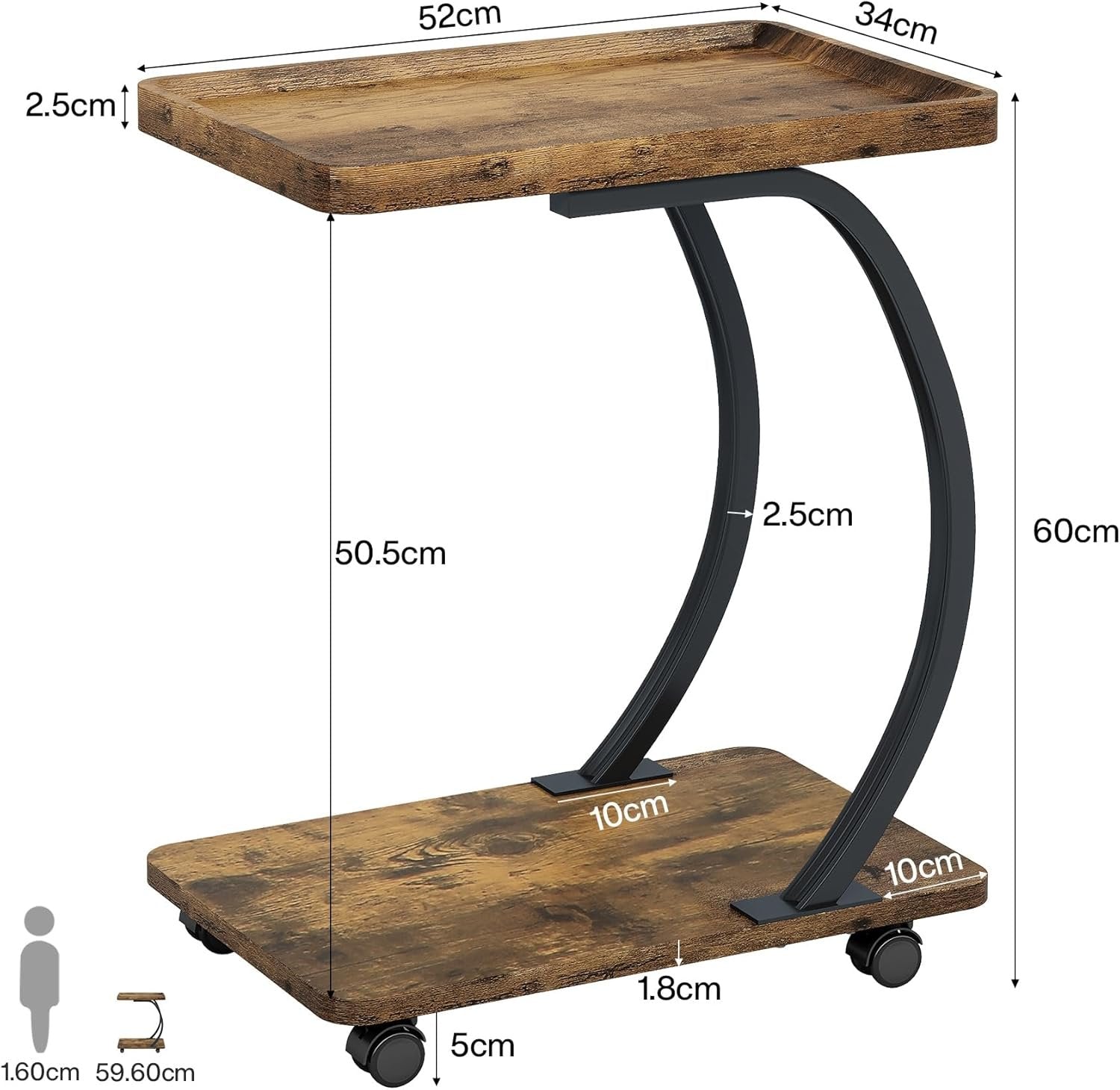 Tribesigns Mesa auxiliar con ruedas en forma de C, Pequeña mesa de centro industrial de dos niveles