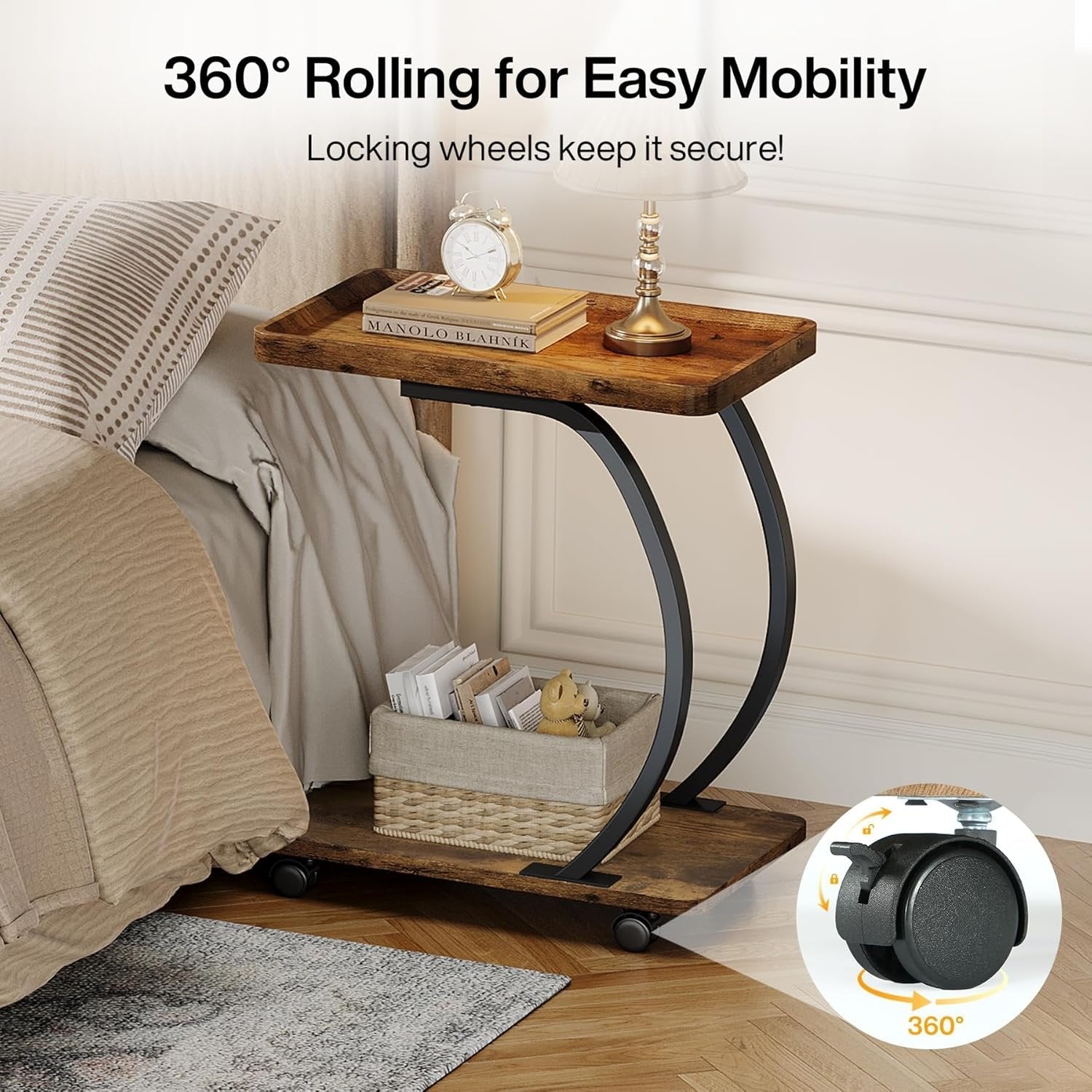 Tribesigns Mesa auxiliar con ruedas en forma de C, Pequeña mesa de centro industrial de dos niveles