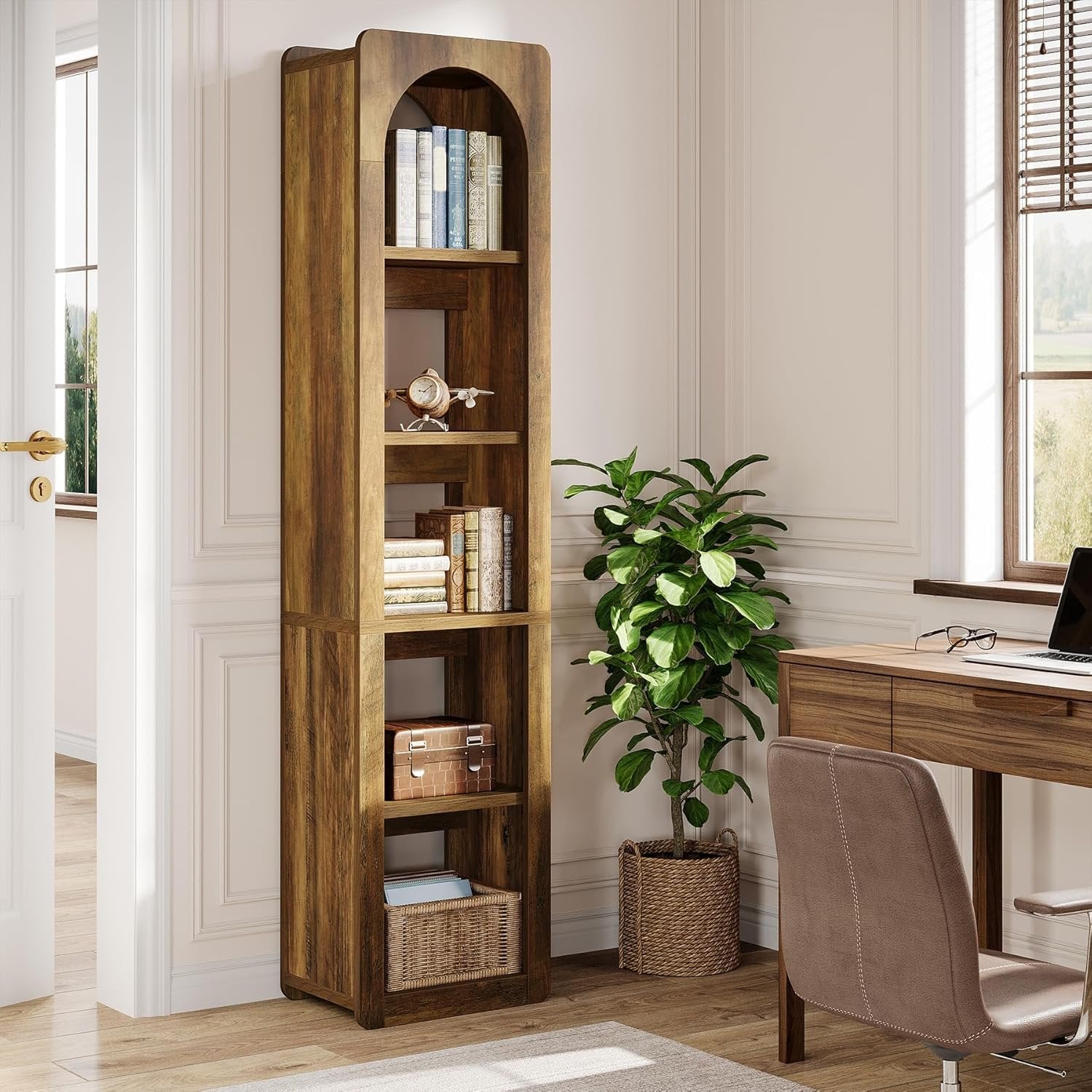 Tribesigns Estantería de 180 cm de alto con 5 niveles de estantería estrecha de esquina de madera abierta