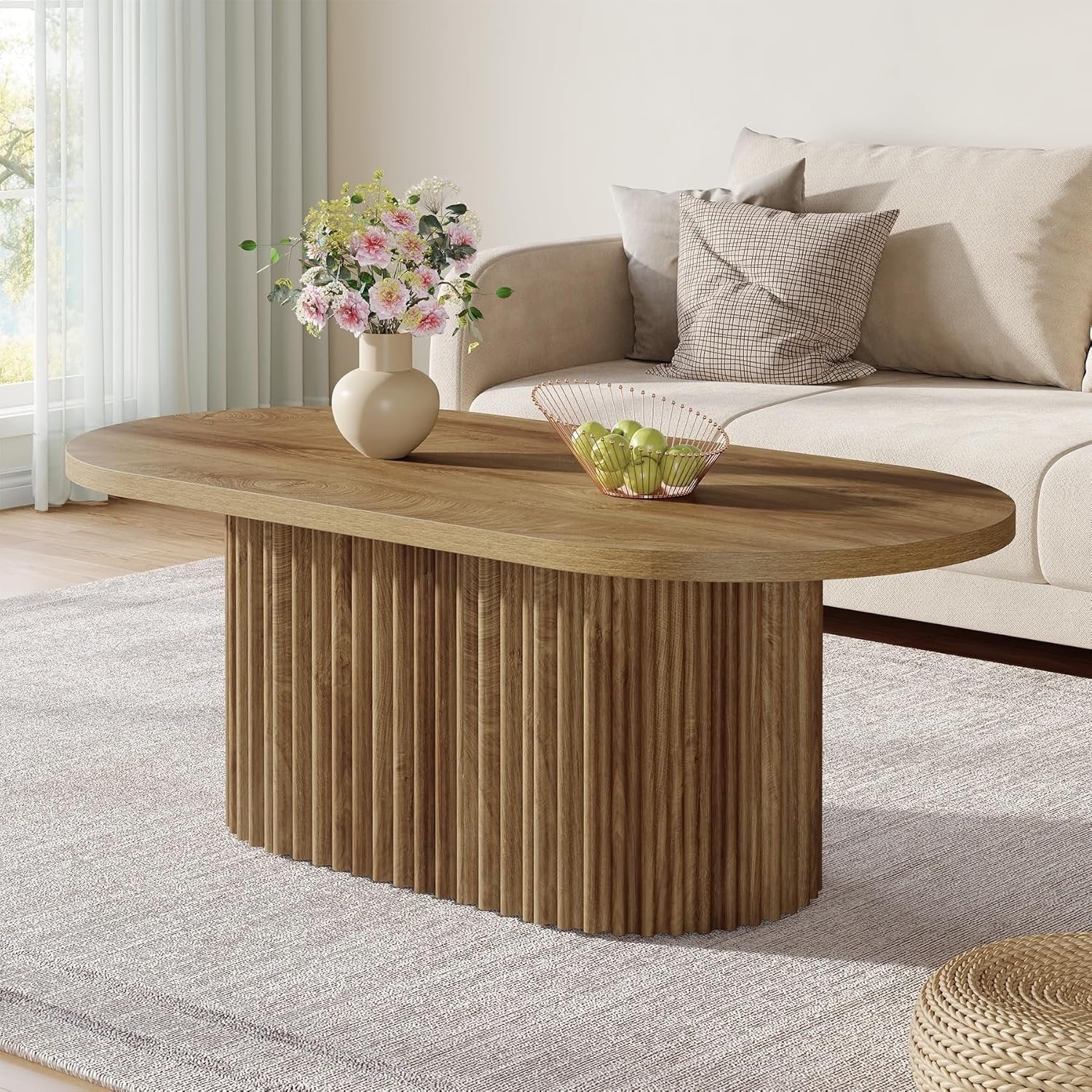 Tribesigns Mesa de centro ovalada, Mesa auxiliar de madera de estilo rústico con diseño acanalado para sala de estar