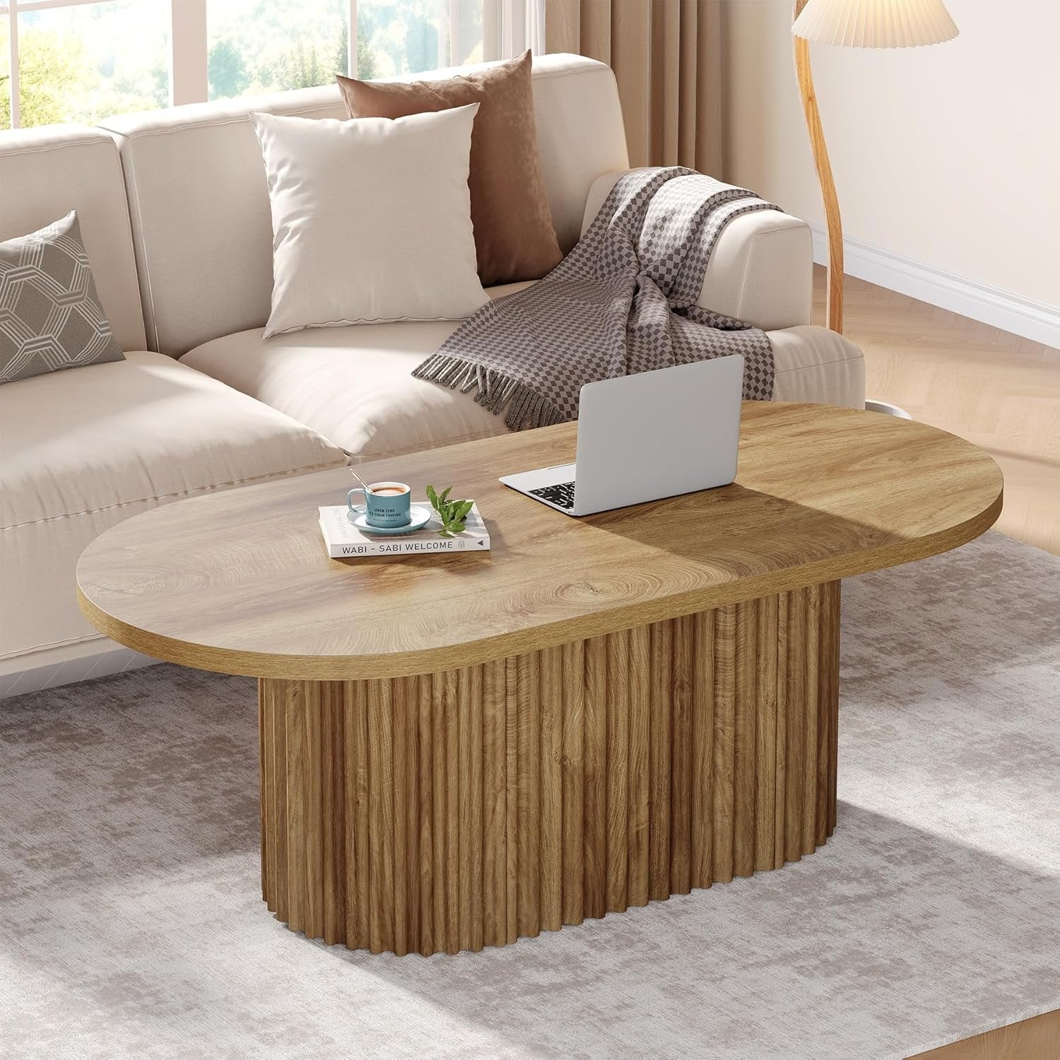 Tribesigns Mesa de centro ovalada, Mesa auxiliar de madera de estilo rústico con diseño acanalado para sala de estar