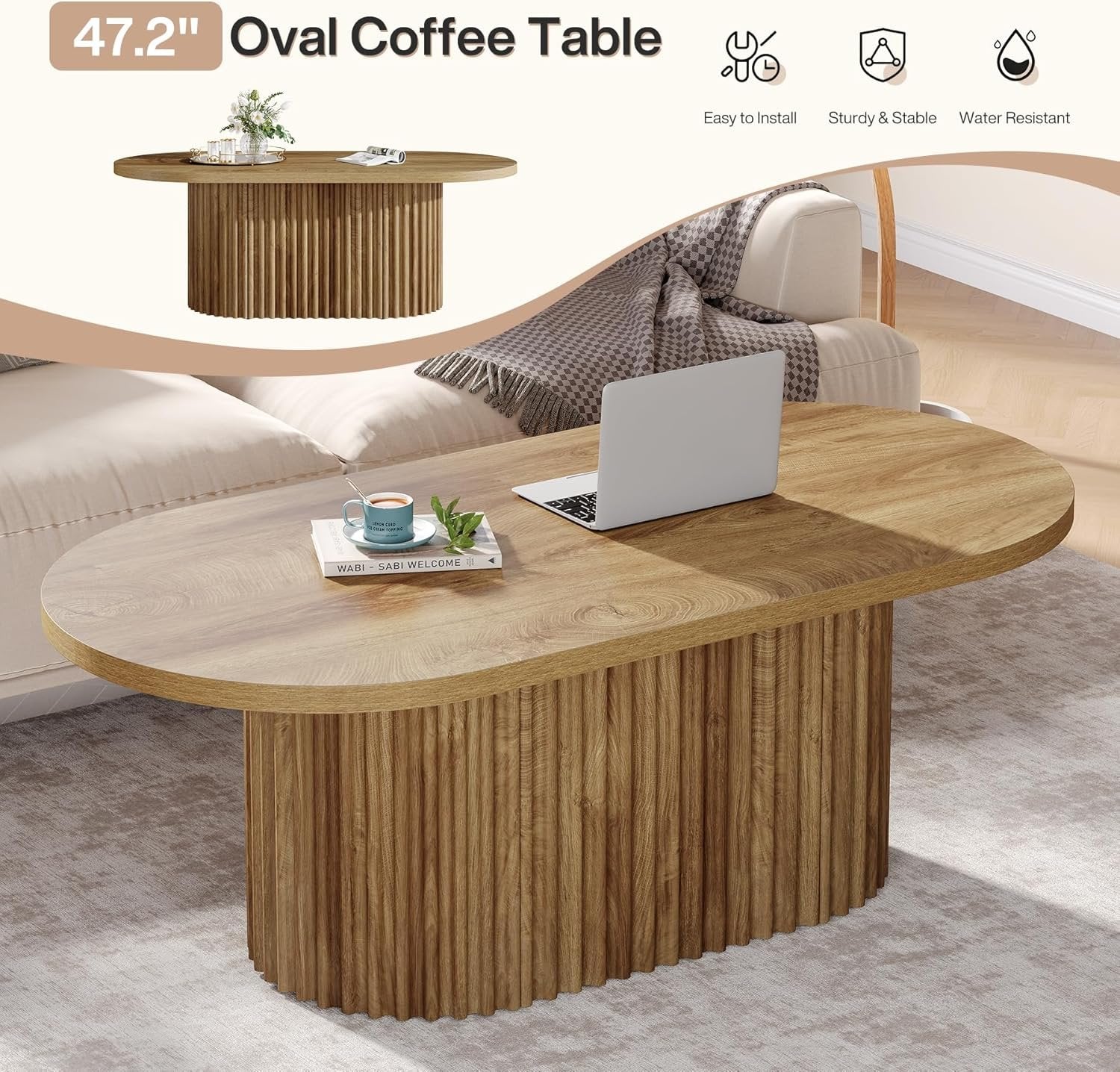 Tribesigns Mesa de centro ovalada, Mesa auxiliar de madera de estilo rústico con diseño acanalado para sala de estar