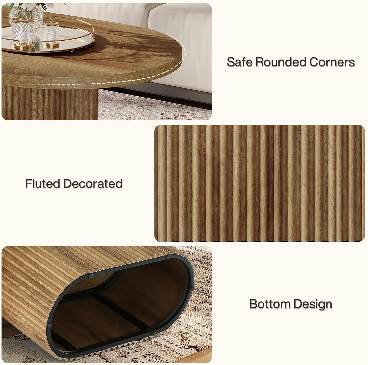 Tribesigns Mesa de centro ovalada, Mesa auxiliar de madera de estilo rústico con diseño acanalado para sala de estar