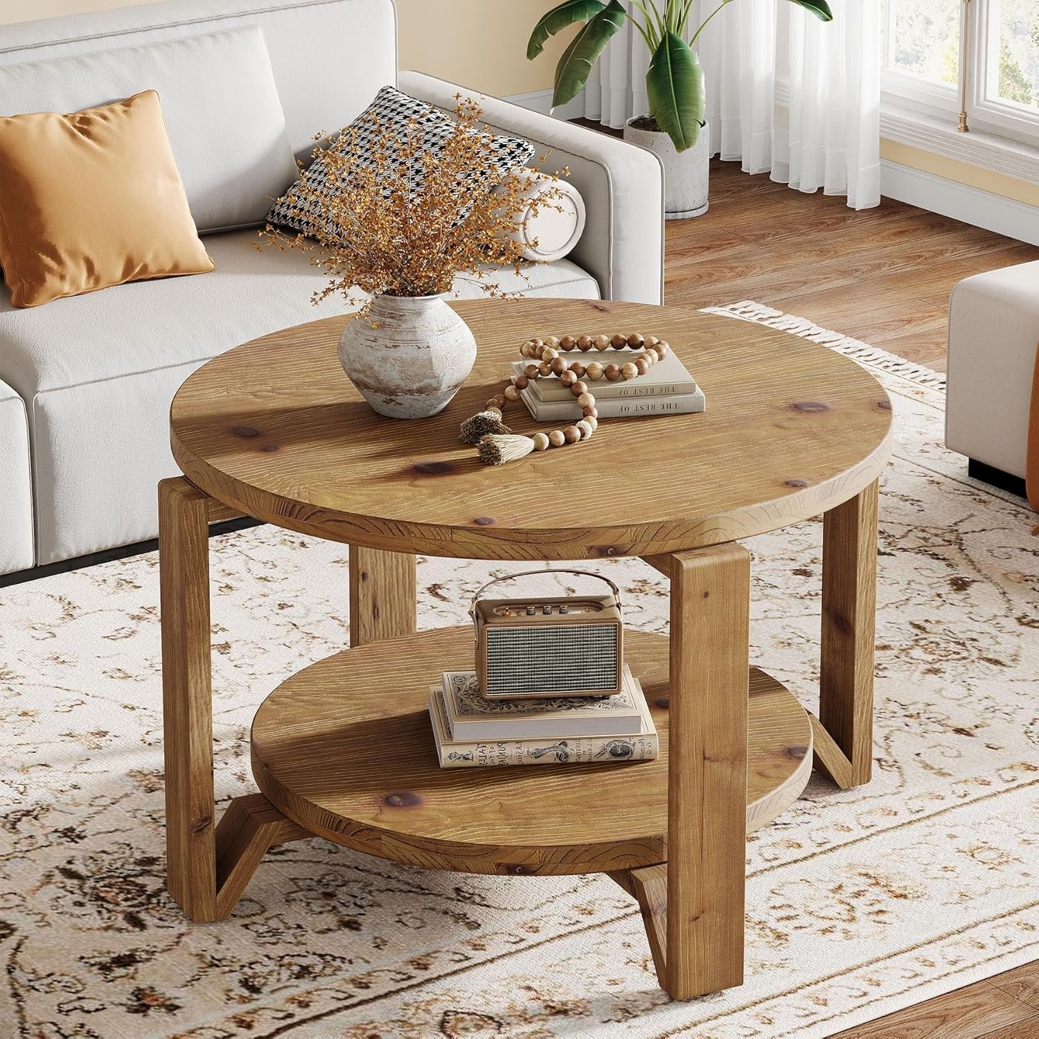 Tribesigns Mesa de Centro Redonda de Madera Maciza, 80cm Mesa Centro Madera de 2 Niveles