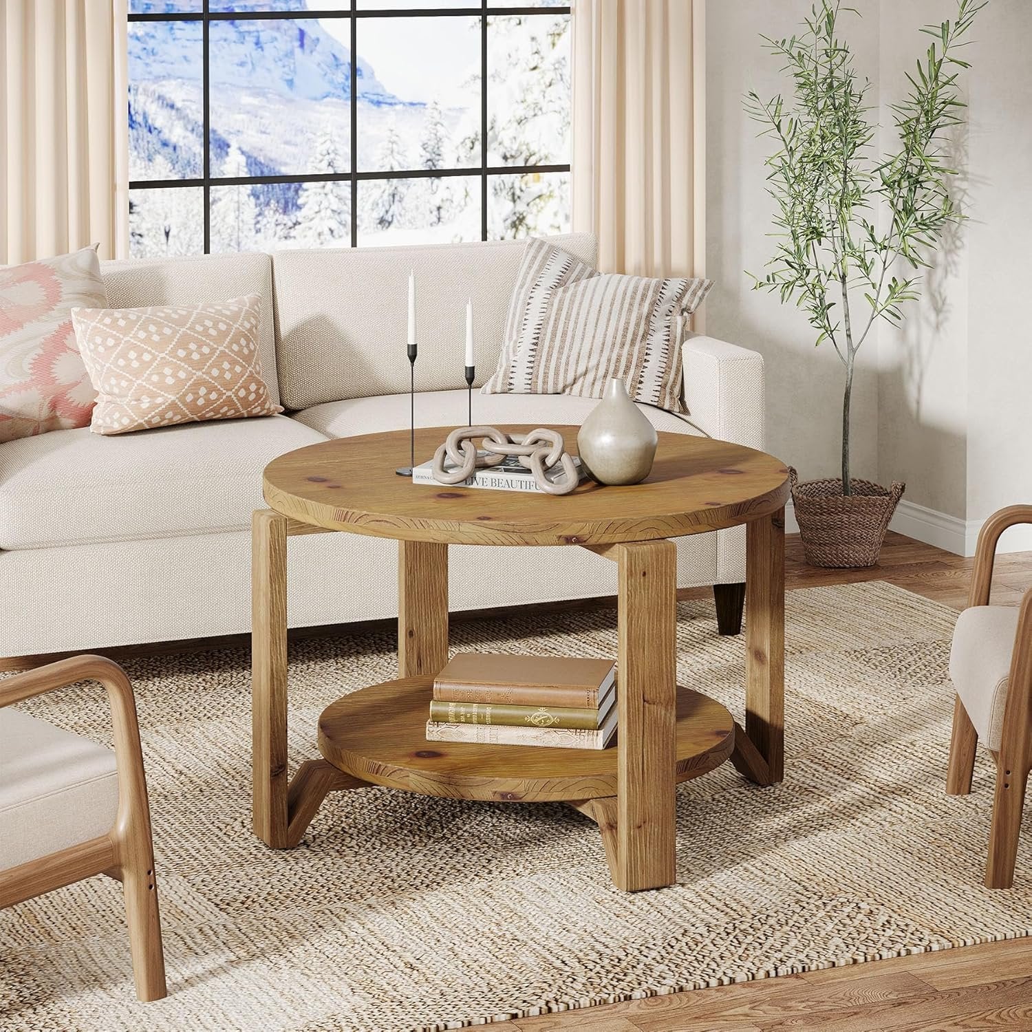 Tribesigns Mesa de Centro Redonda de Madera Maciza, 80cm Mesa Centro Madera de 2 Niveles