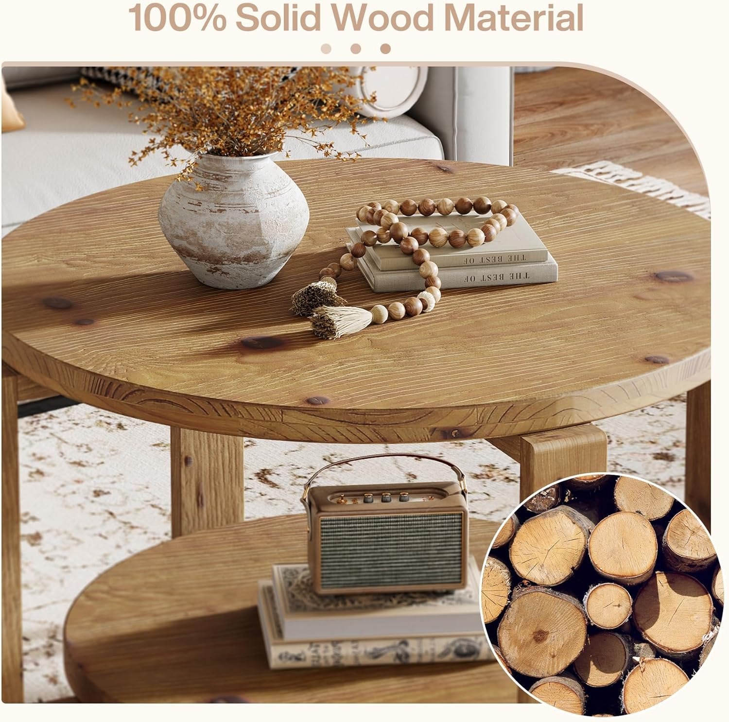 Tribesigns Mesa de Centro Redonda de Madera Maciza, 80cm Mesa Centro Madera de 2 Niveles