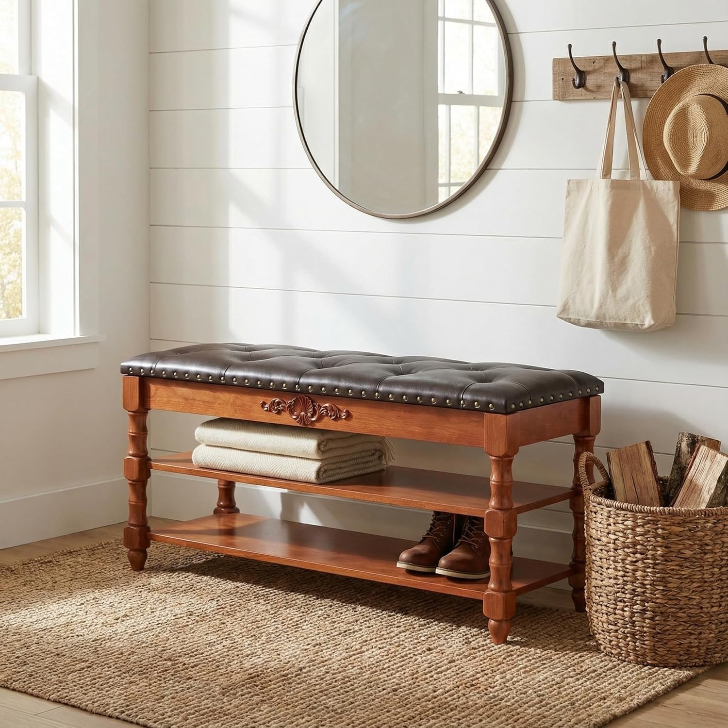 Tribesigns Banco de almacenamiento de madera maciza de 100 cm de largo con tapa abatible