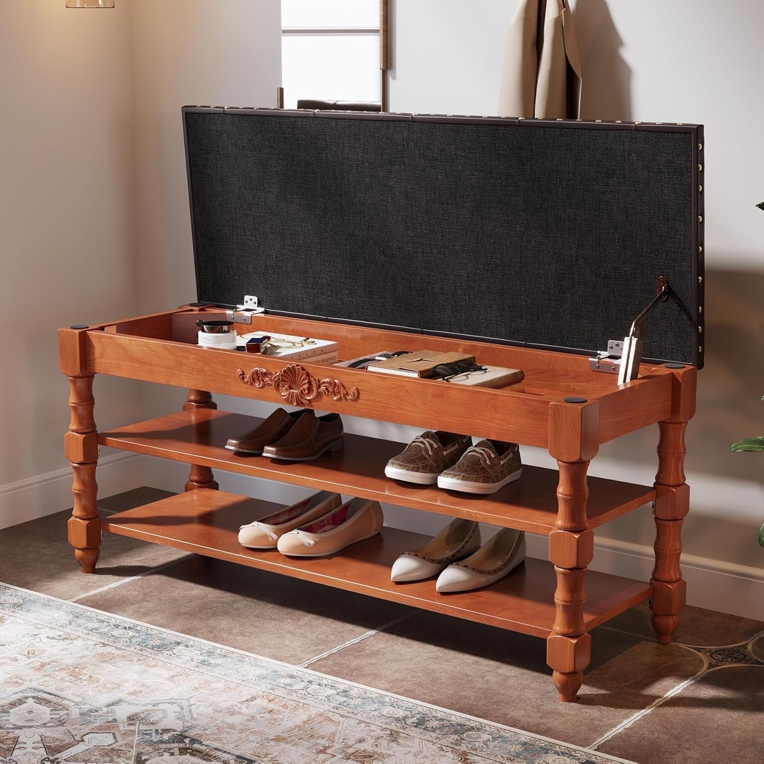 Tribesigns Banco de almacenamiento de madera maciza de 100 cm de largo con tapa abatible