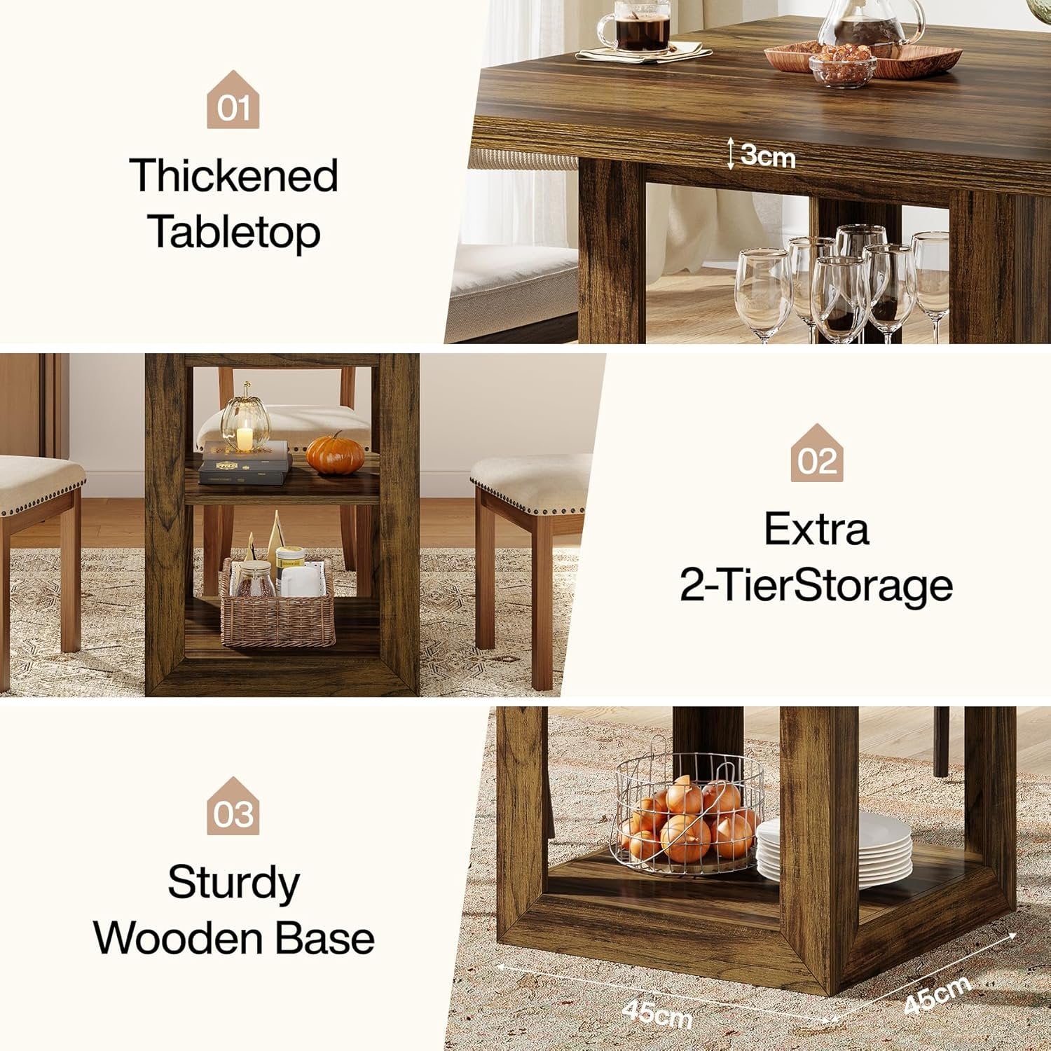 Tribesigns Mesa de comedor cuadrada para 4 personas, Estilo rústico 80 cm de largo