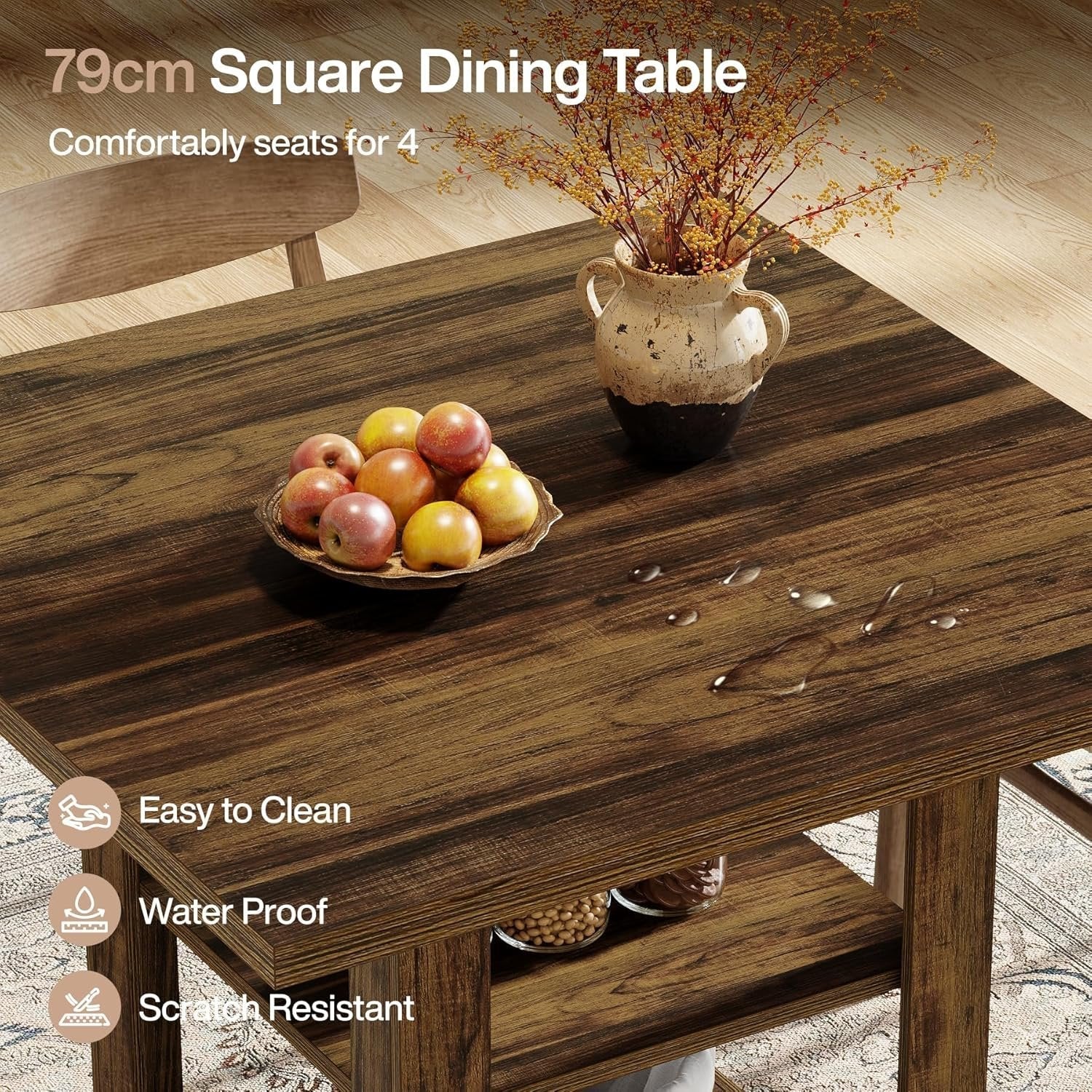 Tribesigns Mesa de comedor cuadrada para 4 personas, Estilo rústico 80 cm de largo