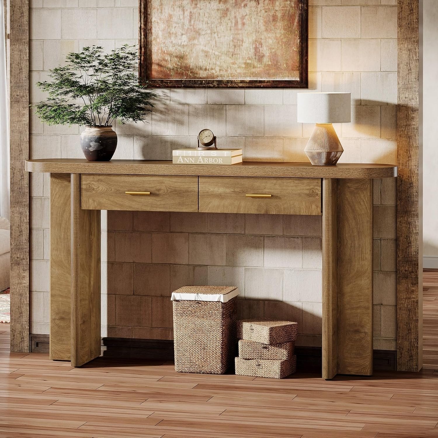 Tribesigns Consola de madera de 160 cm de estilo rústico, Mesa de recibidor ovalada con 2 cajones y espacio de almacenamiento