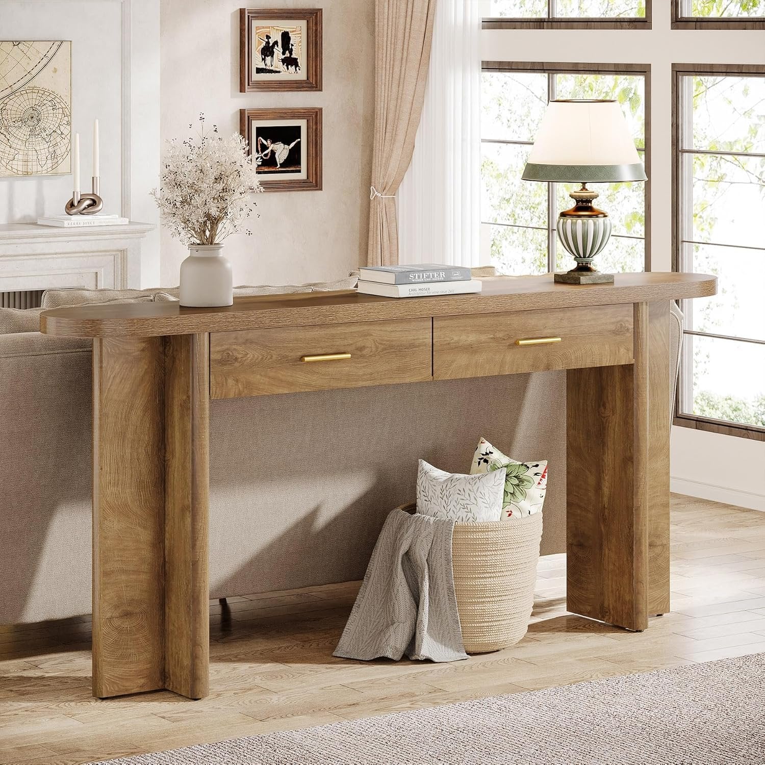 Tribesigns Consola de madera de 160 cm de estilo rústico, Mesa de recibidor ovalada con 2 cajones y espacio de almacenamiento