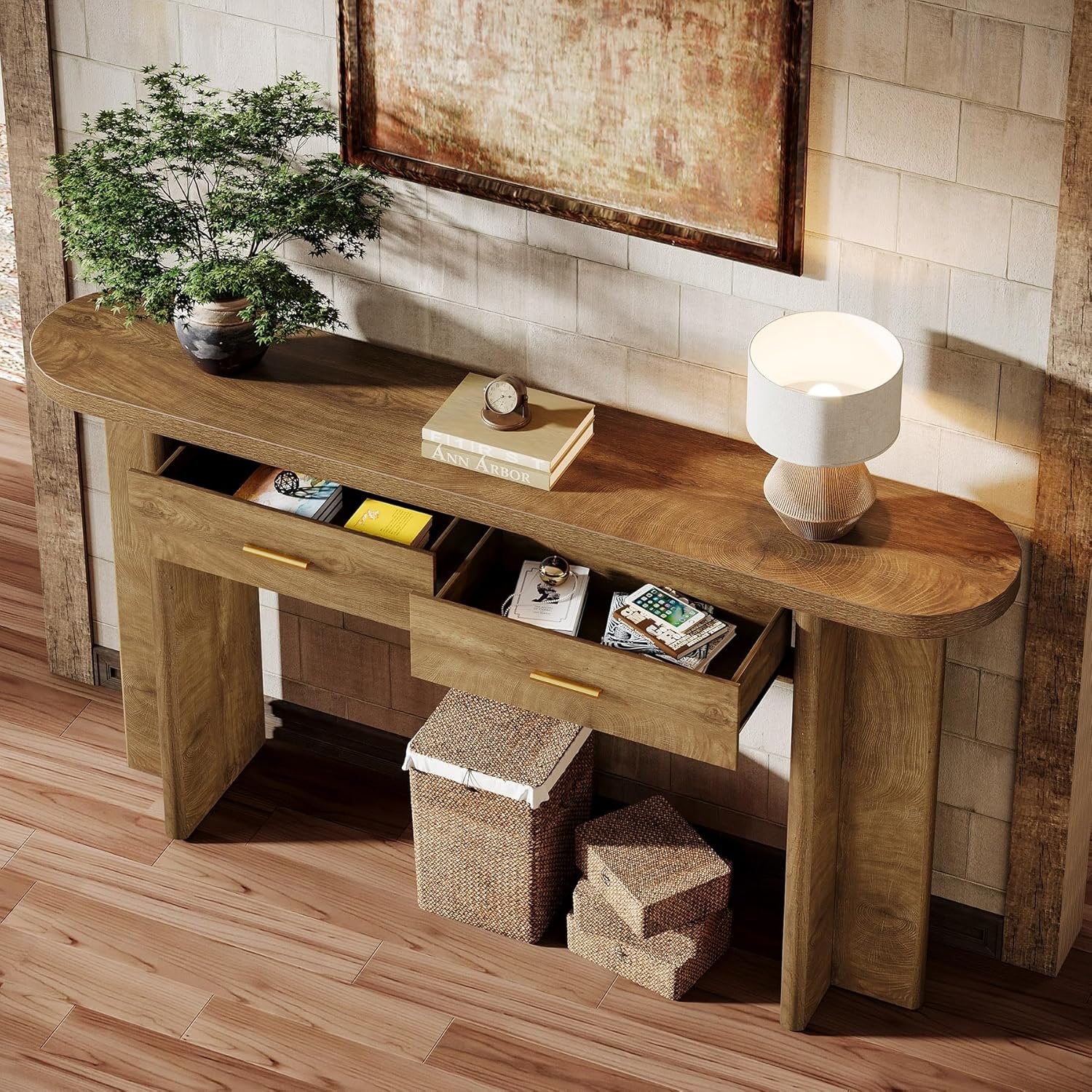 Tribesigns Consola de madera de 160 cm de estilo rústico, Mesa de recibidor ovalada con 2 cajones y espacio de almacenamiento