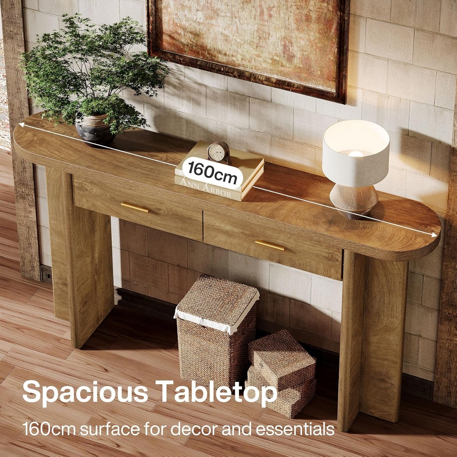 Tribesigns Consola de madera de 160 cm de estilo rústico, Mesa de recibidor ovalada con 2 cajones y espacio de almacenamiento