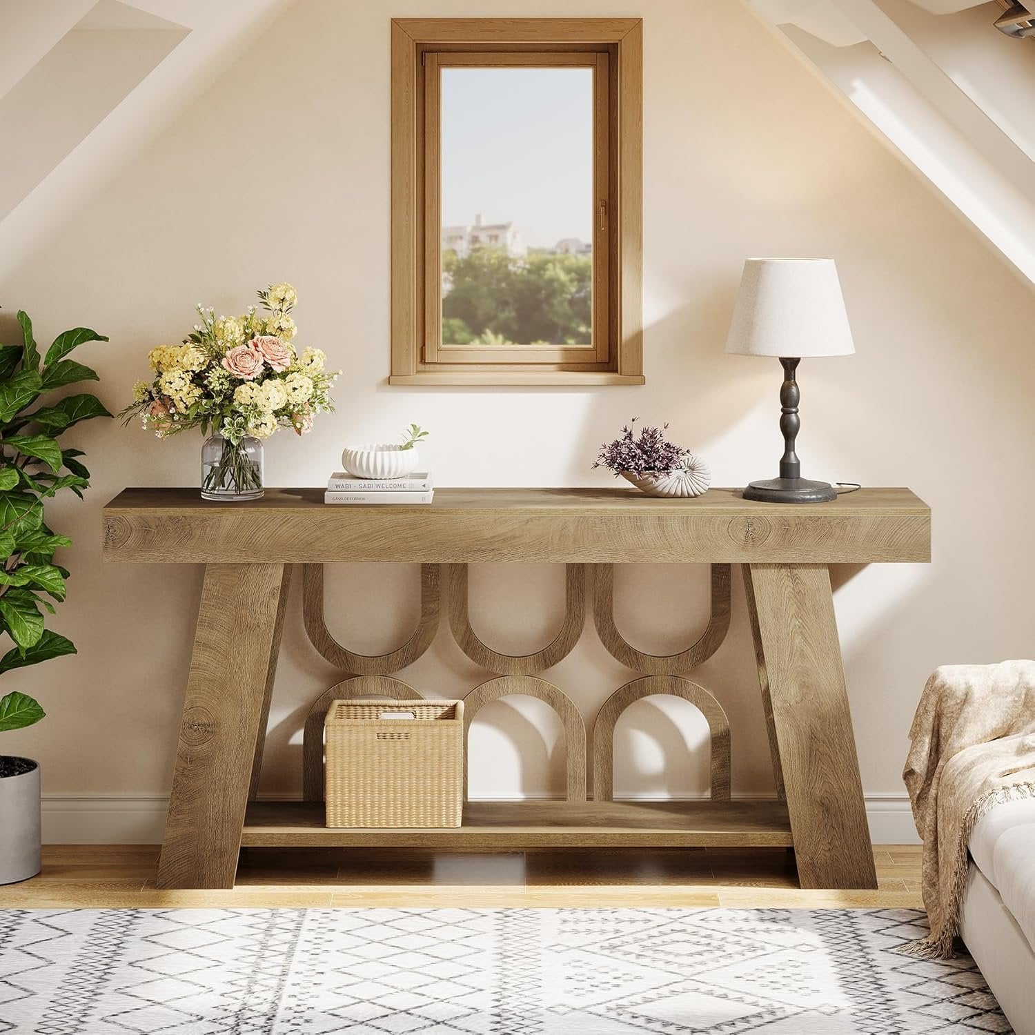 Tribesigns Consola de 160 cm, mesa estrecha de madera con 2 estantes de almacenaje, Mesa de recibidor y de sofá